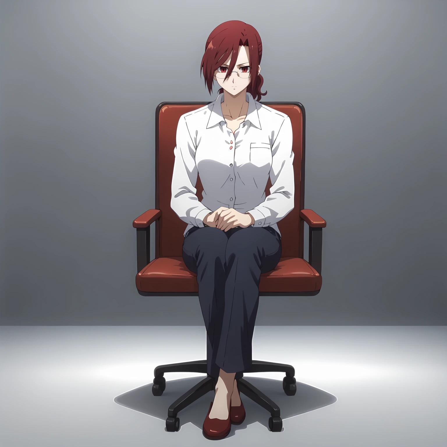 <lora:ToukoAozakiXLpony001>,
solo,
ToukoAozaki,1girl,red hair,ponytail,red eyes,eyewear,
collared_shirt,white shirt,(shirt_tucked_out:1.2),
pants,
cowboy shot,
full body,sitting,chair,