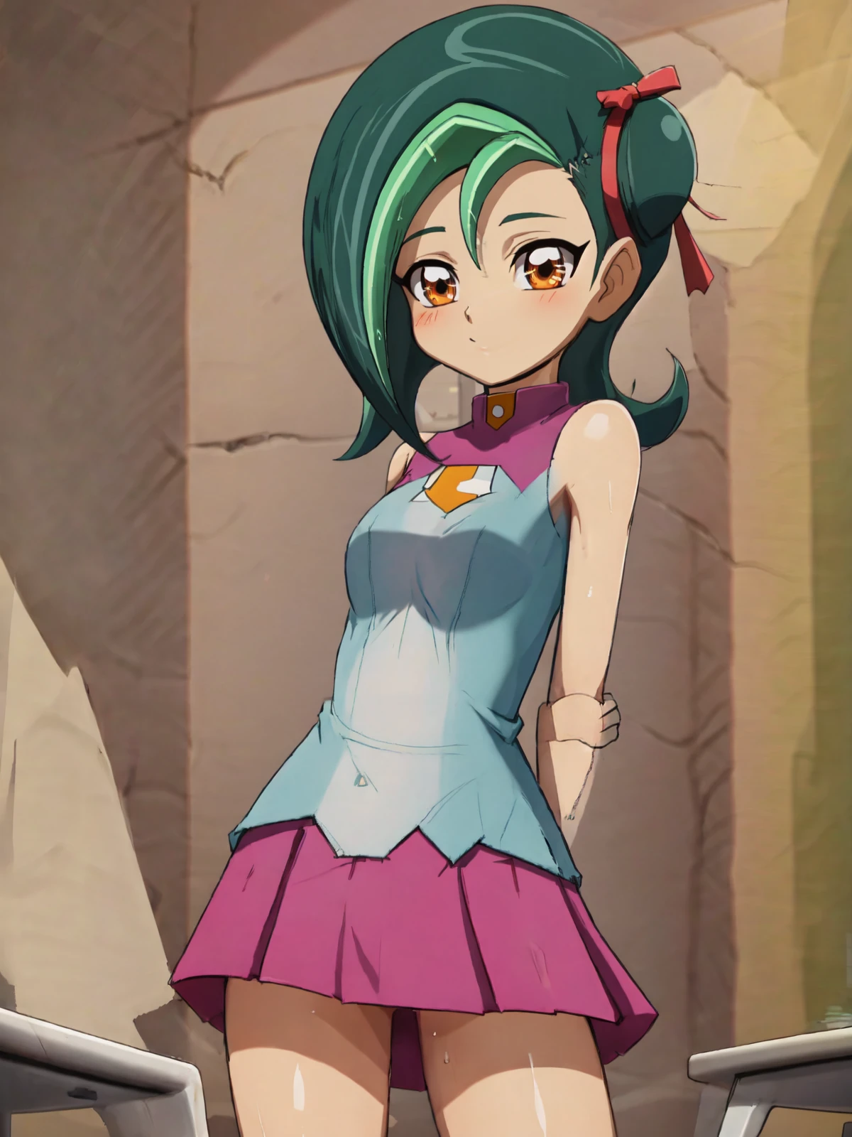 SLE, mksks style, detailed background absurdres, highres, cowboy shot, solo, 1girl, <lora:Kotori Mizuki (Yu-Gi-Oh ZEXAL):1>, heartland_school, standing, arms behind back, contrapposto, looking at viewer, facing viewer, smile, blush, school, classroom, school desk, chalkboard, indoors, sunlight