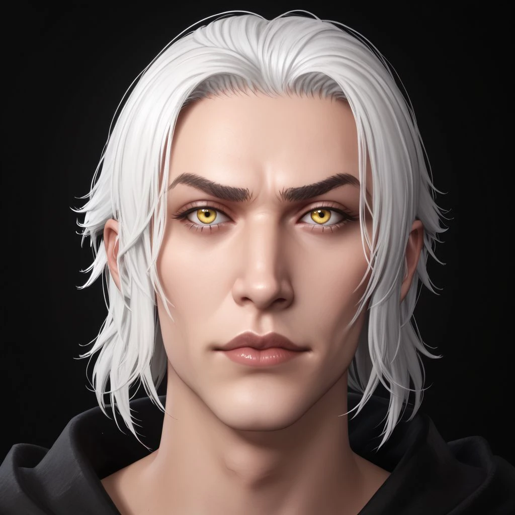 Emet Selch, 1boy, black background, closed mouth, lips, looking at viewer, male focus, portrait, realistic, simple background, white hair, yellow eyes zPDXL