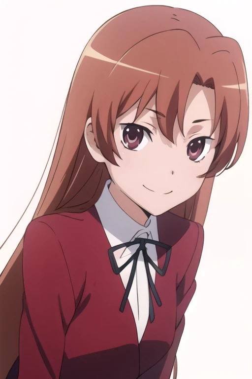 solo, 1girl, looking at viewer, 2D, anime, anime coloring, upper body, (simple background, solid white background:1.3), <lora:maya-toradora:0.8>, maya kihara, blazer, school uniform, smile