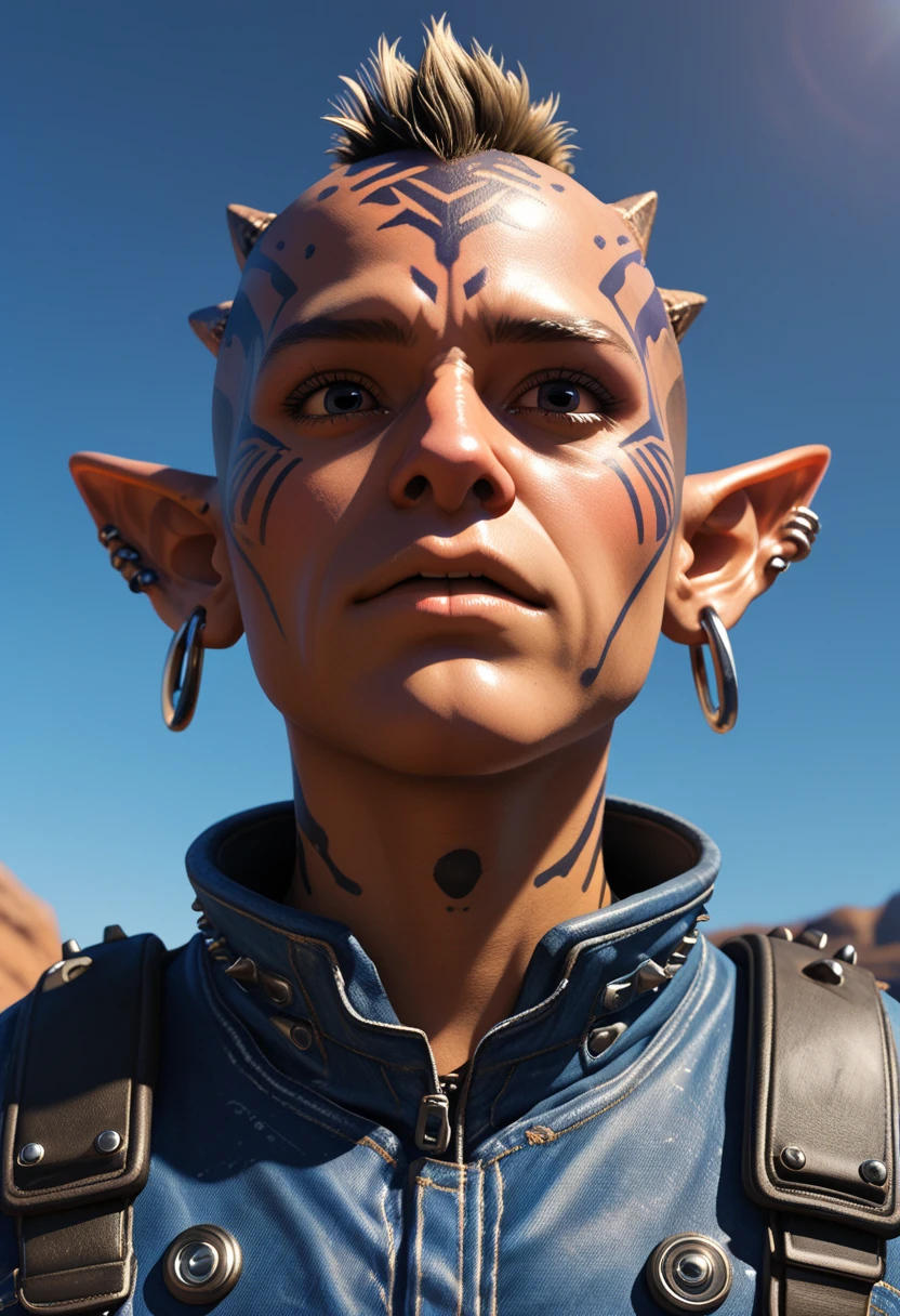 score_9, score_8_up, score_7_up, Alien-themed, punk rock style alien, close-up, wearing natural fiber tactical jumpsuit, denim studded jacket, nose rings, multiple ear rings, spiked studs in cheeks, tribal facial tattoo, emerging from a dark cave in an alien landscape at twilight, detailed humanoid eyes, from below, . Extraterrestrial, cosmic, otherworldly, mysterious, sci-fi, highly detailed,