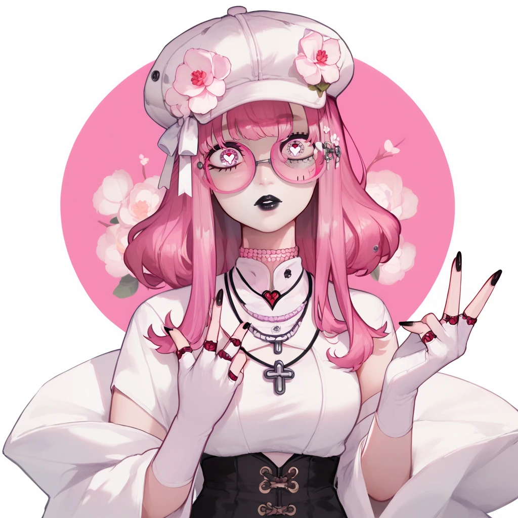 PonyXLV6_Scores, 1girl, black lips, black nails, breasts, cabbie hat, chinese clothes, choker, clock, elbow gloves, fingerless gloves, hair flower, heart-shaped pupils, long fingernails, long sleeves, looking at viewer, necklace, piercing, pink background, pink hair, pink-tinted eyewear, purple eyes, red eyes, simple background, solo, v, white background, white bow, white eyes, white kimono, white shirt, white thighhighs, <lora:VisualkeiPnyXL:1>