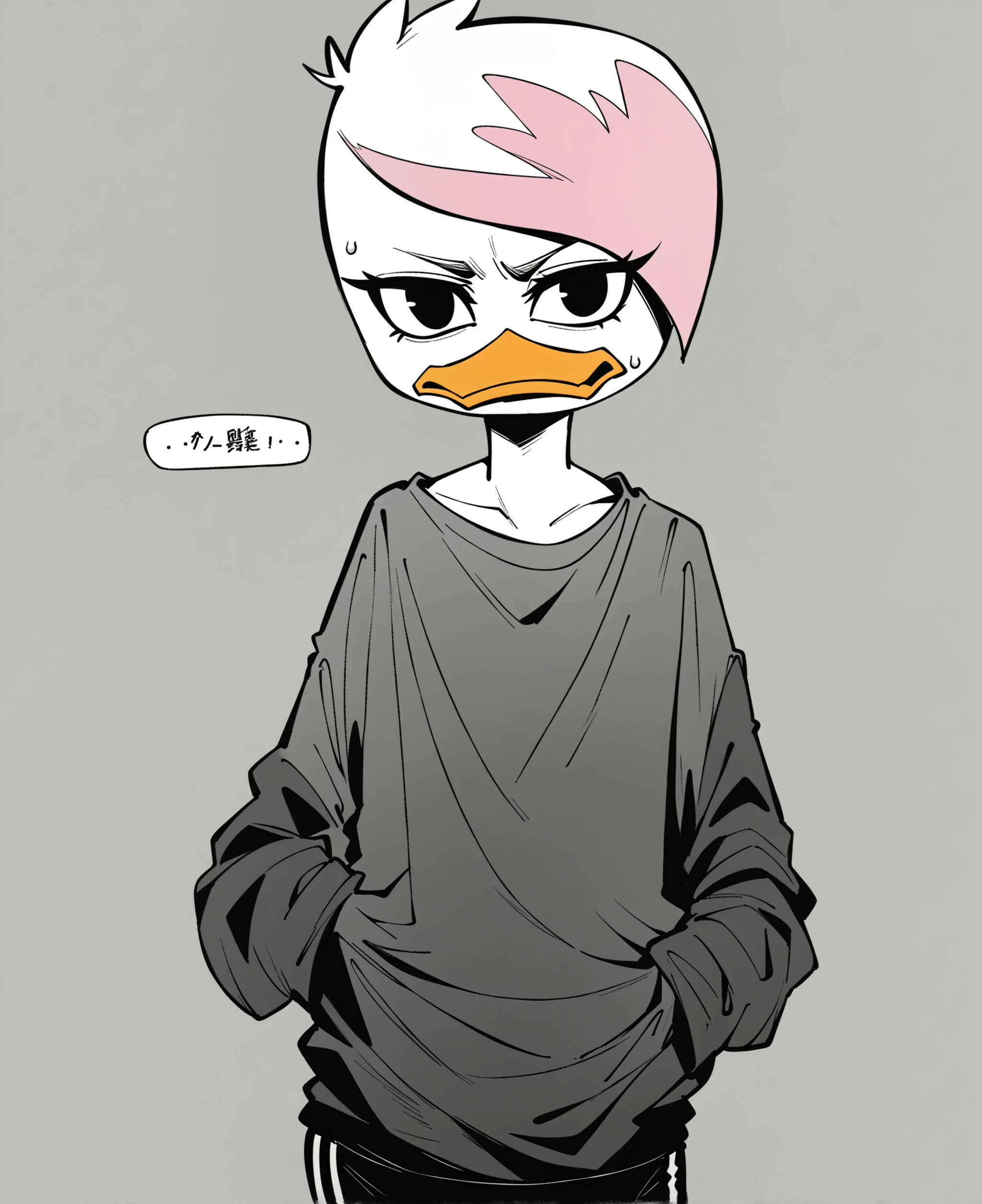 score_9, score_8_up, score_7_up, score_6_up, best quality, highres, source_furry BREAK greyscale, lineart, monochrome, manga, japanese text
1girl, female, duck, lena sabrewing, white skin, white arms, oversized clothes, young, short hair, pink highlights, white hair, long_sleeves, shirt, sweatpants, mansion, detailed background, black eyes, annoyed, looking at viewer, frown, pointing <lora:Lena_Sabrewing:1>