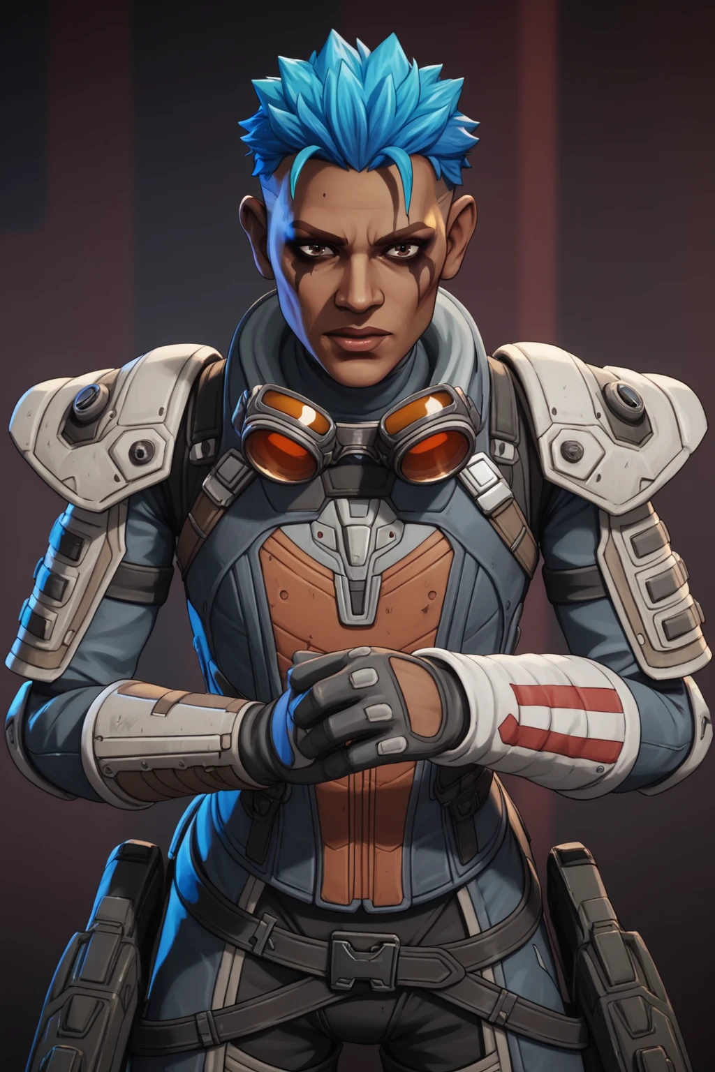 PonyXLV6_Scores , 1boy, ap1zxnv, armor, black eyes, black gloves, blue hair, brown eyes, corset, dark skin, dark-skinned female, dark-skinned male, goggles, knife, looking at viewer, makeup, male focus, science fiction, <lora:ApexLegendsPDXL:1>