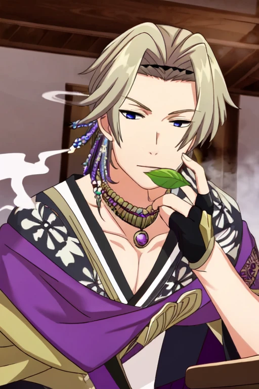(masterpiece),(best_quality),1boy,Kendatsubaou,purple capelet,collar,jewelry,european clothes,floral print,frills,leaf on mouth,collarbone,lion belt,fingerless black gloves,smoke,<lora:Kendatsubaou:1>,