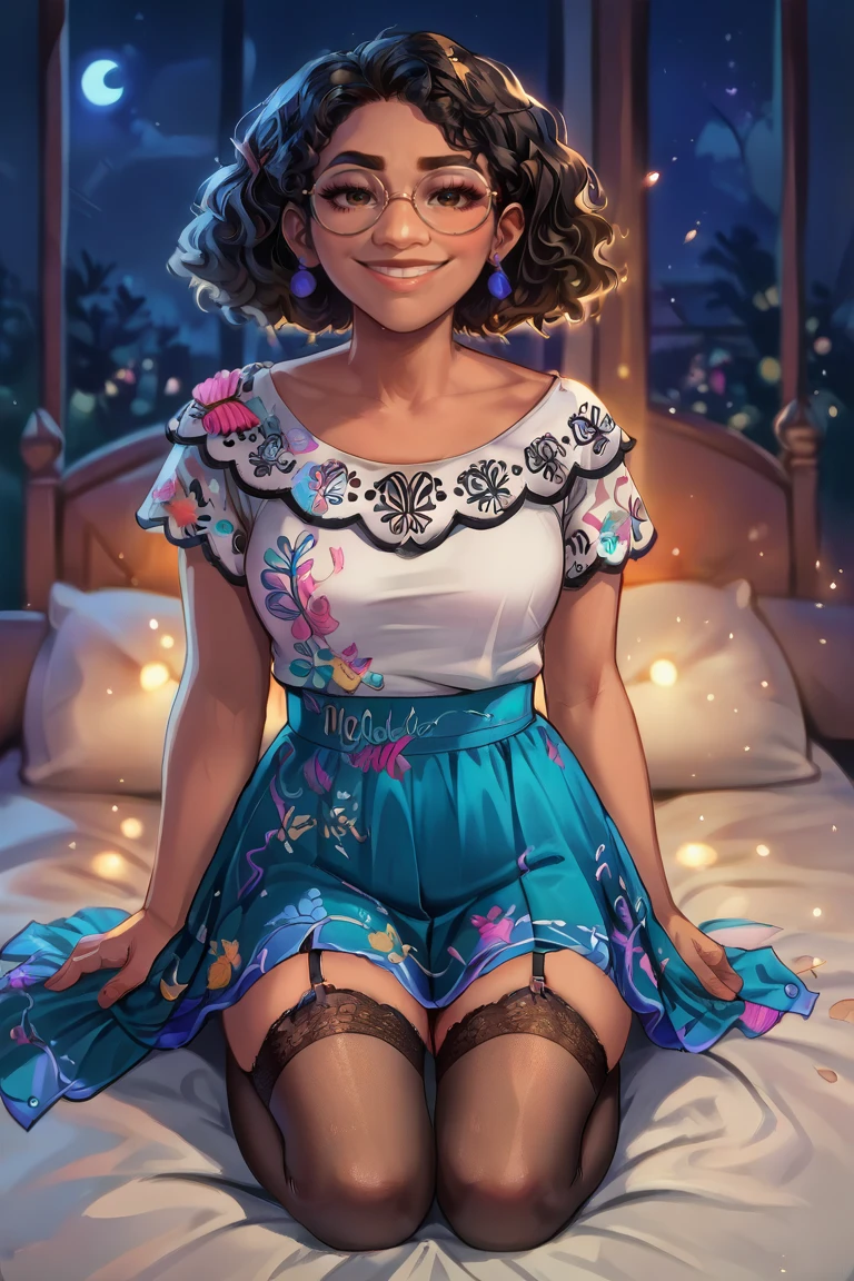 (source_anime, score_9, score_8_up, score_7_up:1), MirabelST, 1girl, wearing white dress, teal skirt, night, smirk, bed, kneeling,female solo, (dark-skinned female:0.5), large waist, garter_strap, stockings,Expressiveh, , score_7_up<lora:EMS-364582-EMS:1.000000>