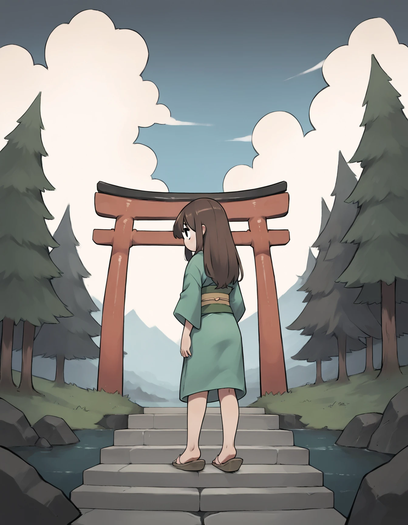 score_9, score_8_up, score_7_up, score_6_up, score_5_up, score_4_up, source_anime, rear view, forest, torii, sky, cloud, looking away, black eyes, no pupils, solo, human, long hair, brown hair, flat chested, green kimono, sash, standing, sandals, mature female