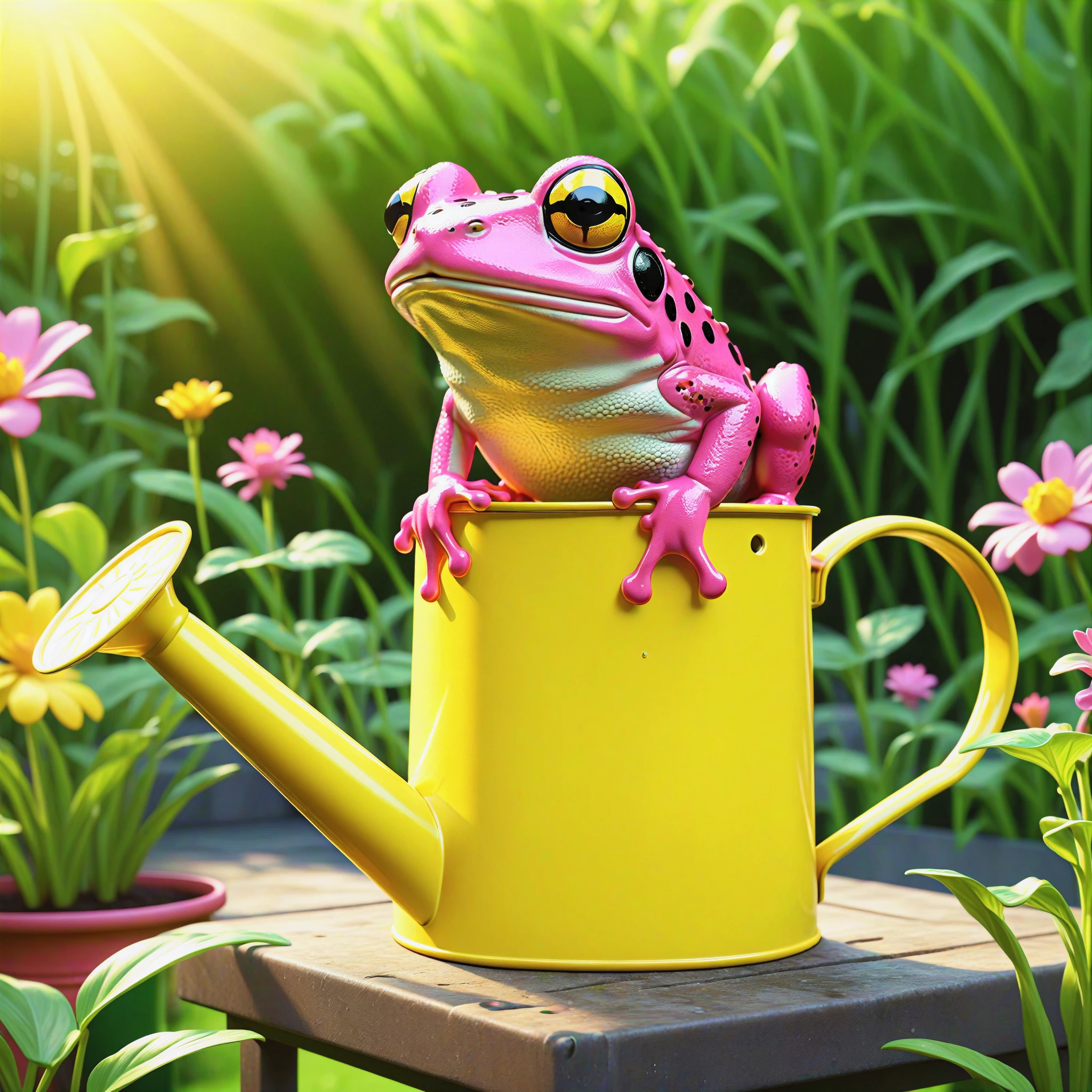 A pink frog on a yellow watering can standing in the garden,
(masterpiece:1.2), (best quality:1.2), newest, ai-generated, ultra-detailed, best shadow, detailed background, high contrast, (best illumination, an extremely delicate and beautiful), ((cinematic light)), hyper detail, dramatic light, intricate details, 8k, anime, very aesthetic, vibrant color,