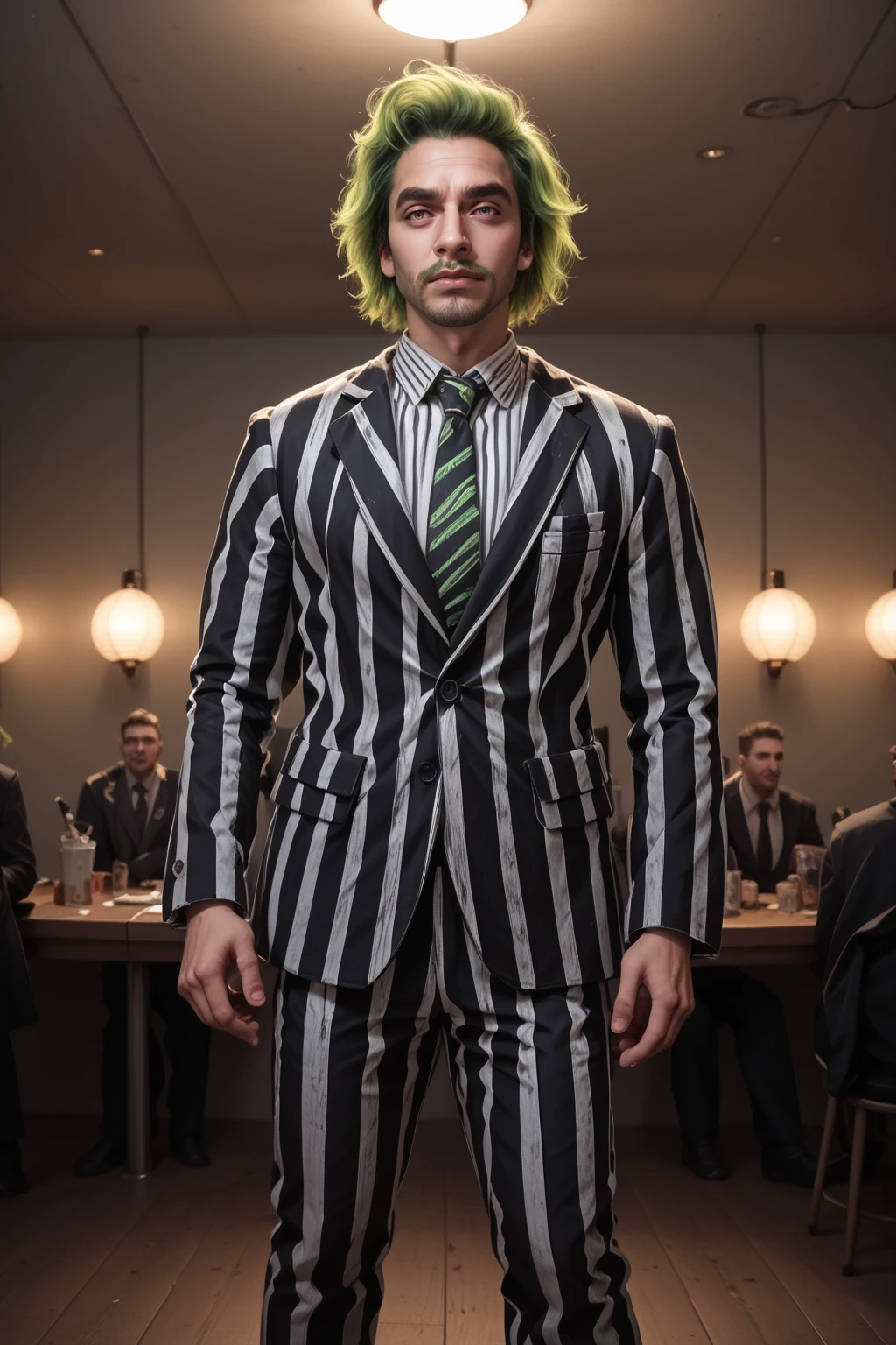 PonyXLV6_Scores, bjzzs, 1boy, male focus, solo, facial hair, mustache, necktie, green hair, pants, shirt, striped, formal, indoors, suit, standing, jacket, beard, pinstripe pattern, vertical stripes, long sleeves, Lomo, Shot on 70mm, Warm Color Palette, Kodachrome, ProPhoto RGB, Rim Lights, Backlight, Natural Lighting, <lora:BjuicfyPDXL:1>