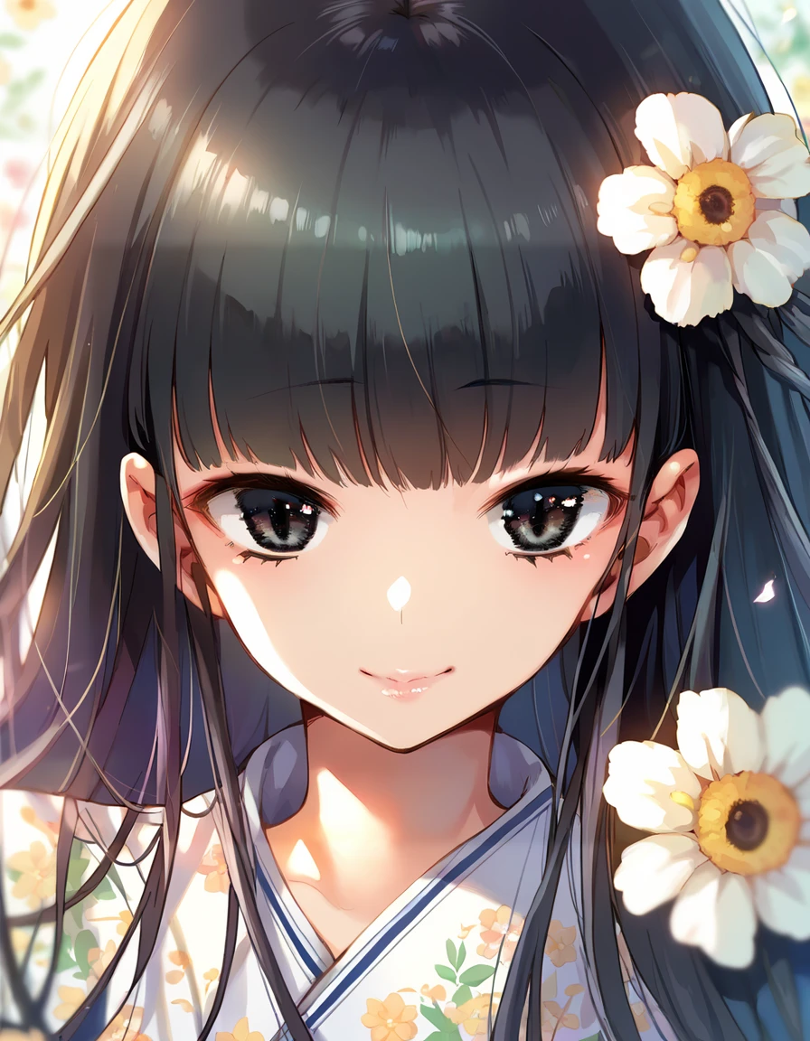 score_9, score_8_up, score_7_up, source_anime,
 <lora:Kamishiki_pony_v1:1>kmsk,
cinematic, dramatic, blurry background, depth of field, close-up, simple background, floral background, 
1girl, solo, cute, smile, expressionless, 
very long hair, black hair, blunt bangs, blunt end, black eyes, detailed eyes, eye reflection,