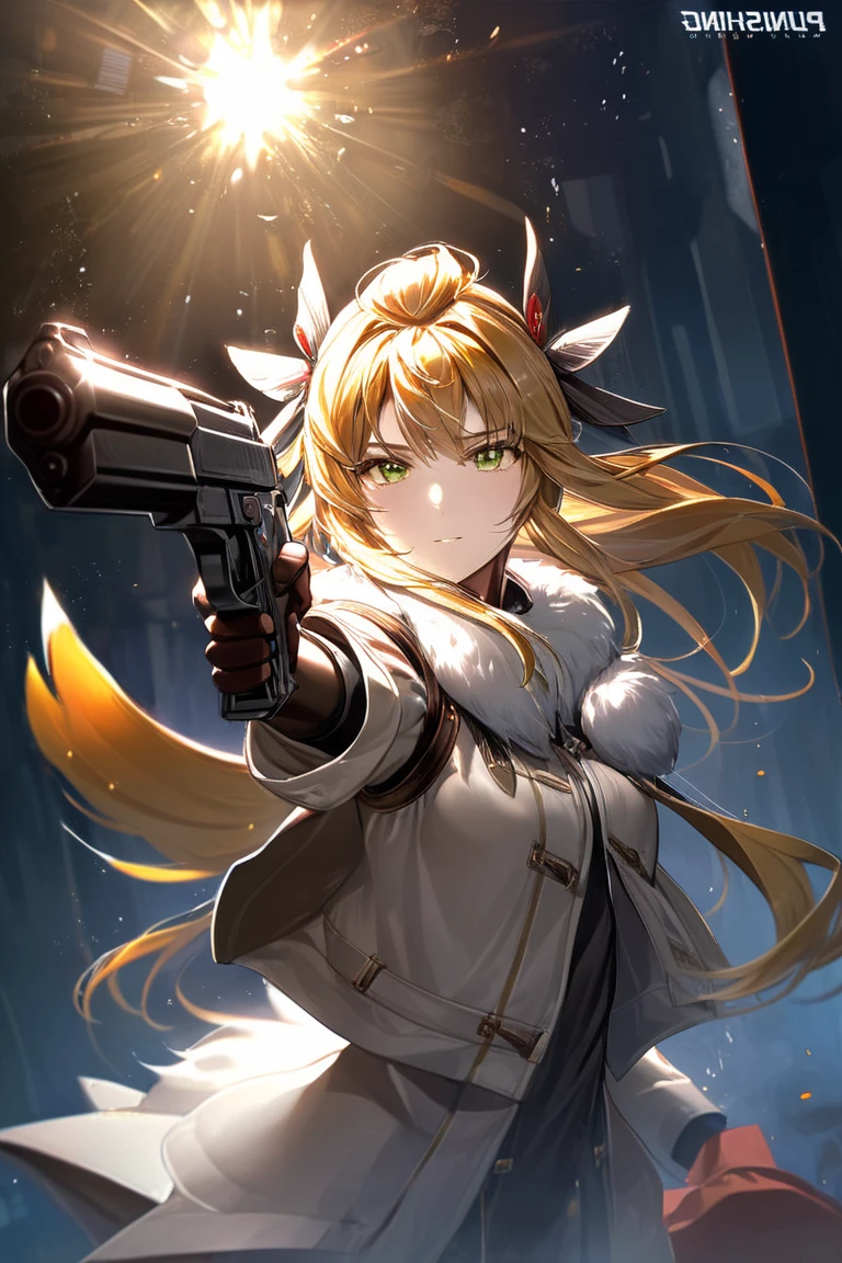 ((a stunning and high-quality close-up portrait of a solo blonde girl with long hair, green eyes, and twintails, wearing gloves and a fur hat, holding a gun and aiming at the viewer), cosplay, mask, night scene, ((dramatic lighting, intense expression), professional photograph, high resolution, 4k, dark, evening), weapon, gun, a highly detailed epic cinematic concept art CG render digital painting artwork:<lora:EMS-335737-EMS:1.000000>, <lora:EMS-365046-EMS:0.800000>