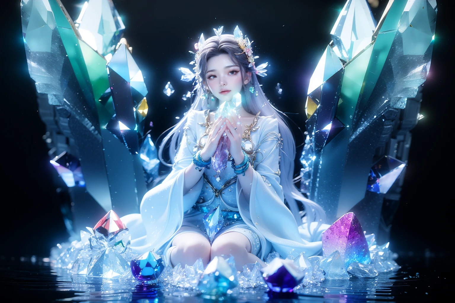 <lora:bingjing_fuyao768:0.8>,
Chinese fantasy,Eastern mythology,shrouded in a lattice like cloud layer above the screen (these thick dark clouds condense into crystals),(there is a gap in the center of the cloud layer, from which many black smoke flows out),a dazzling sky,a 30-year-old woman wearing a white long sleeved ancient costume suspended in the air (she holds a crystal stone emitting colorful light with both hands:1.5),the Tindar effect,chaos,sacred light,