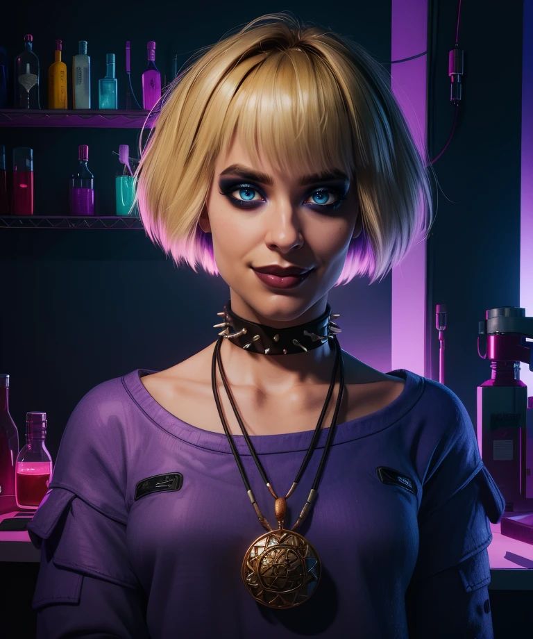 mistyo,blonde hair,blue eyes,medium hair,makeup,
purple sweater,collarbone,choker,necklace,
smile,standing, upper body,  close up, 
dark room,science fiction,counter,purple lighting,
(insanely detailed, masterpiece, best quality),solo,<lora:MistyOlszewski-CP11:0.9>,