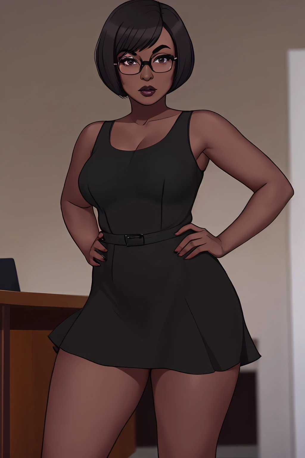 adeera, woman, short hair, bangs, brown hair, brown eyes, glasses, dark skin, black dress, dark-skinned female, swept bangs, short dress,bob cut, thick eyebrows, lipstick, black-framed eyewear, black lips,
<lora:countrylives-v1:1>