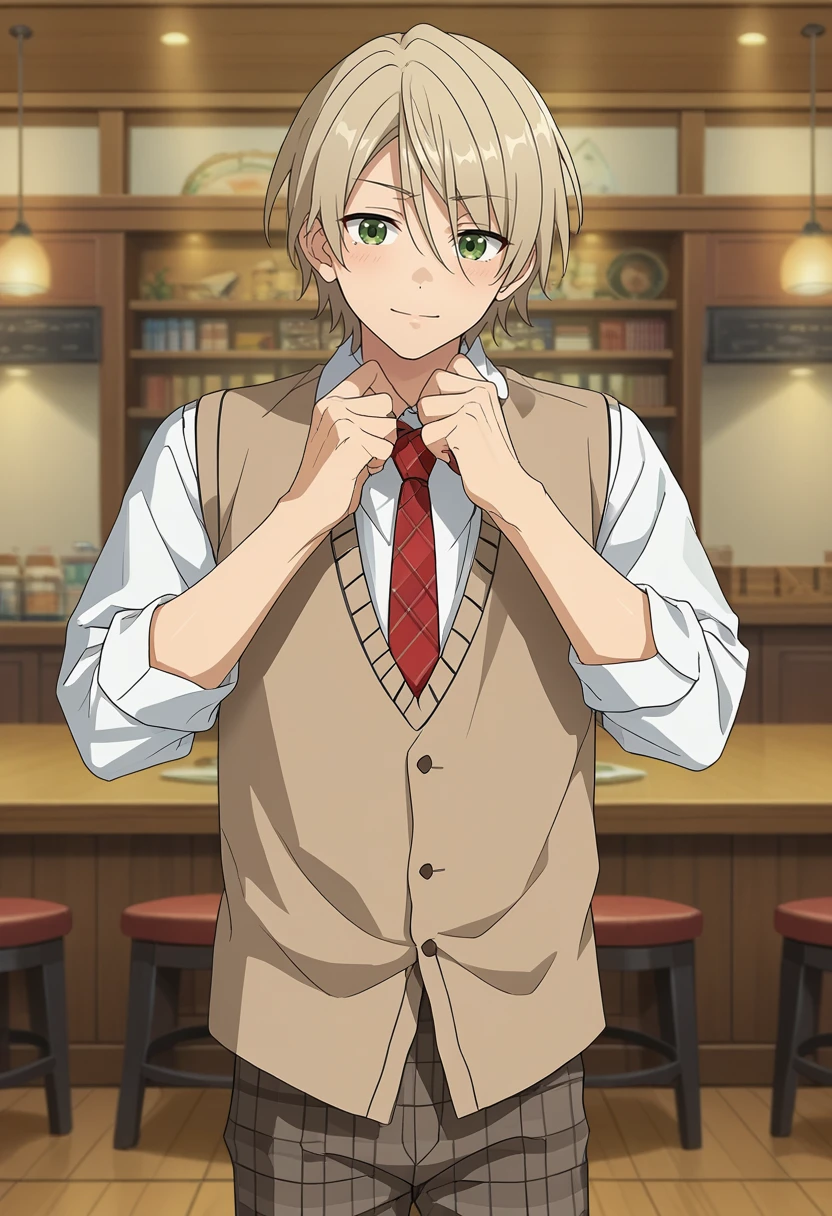 score_9, score_8_up, score_7_up, masterpiece, best quality, cute, male focus, solo, Aira Shiratori, blonde hair, green eyes, white shirt, red necktie, plaid pants, brown vest<lora:EMS-364839-EMS:1.000000>