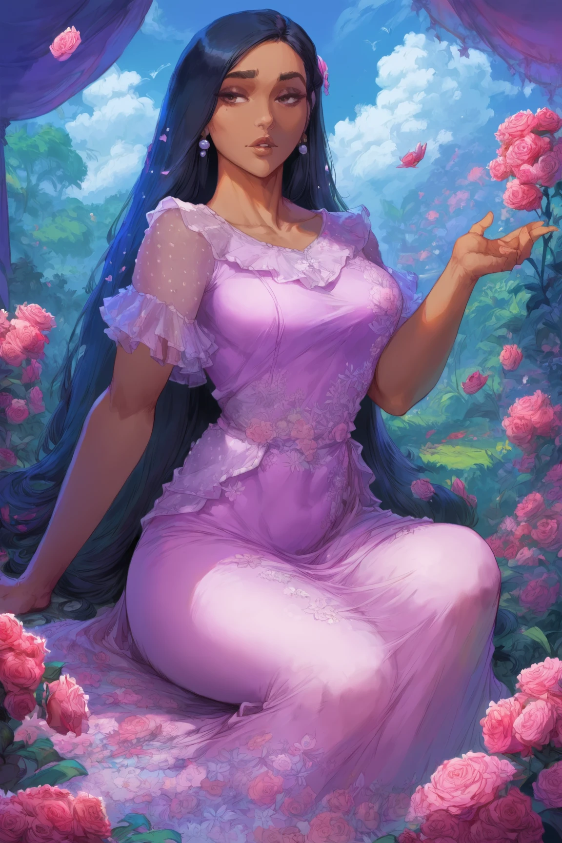 (source_anime, score_9, score_8_up, score_7_up:1), IsabelaMadrigal, 1girl,pink dress, long hair, black hair,pink long dress, sitting ,,seducing, parted lips, sitting on a garden full of flowers, roses, daisies, (dark-skinned female:0.5), realistic:0.76, large waist, lingerie,Expressiveh, view from behind, ,csr style<lora:EMS-365467-EMS:1.000000>, <lora:EMS-314499-EMS:1.000000>