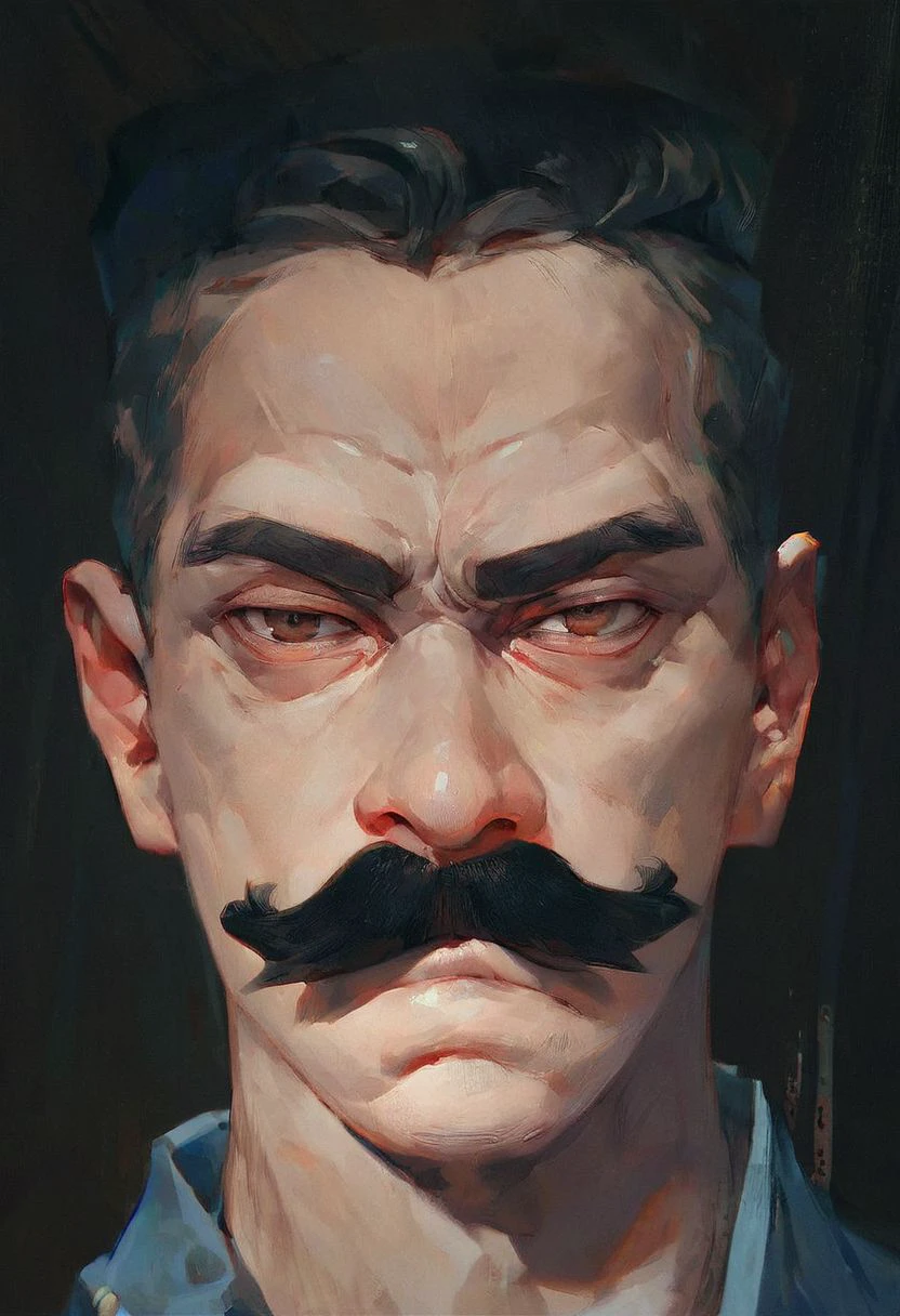 ((score_9, score_8_up, score_7_up)), 1boy, close-up portrait painting of skinny evil police officer, scowl, shifting eyes, brown eyes, shadows, moustache, black background