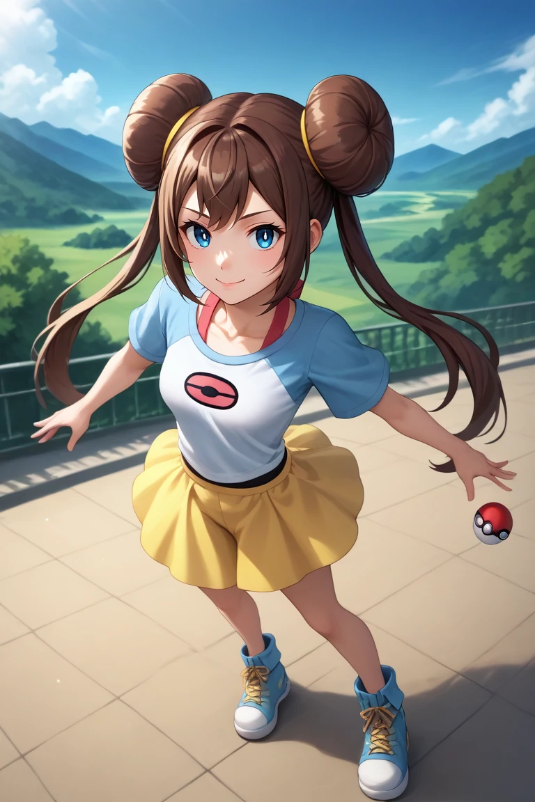 score_9, score_8_up, score_7_up, source_anime, rating_safe, , , , depth of field, 1girl, solo, <lora:rosa_pokemon_pony:0.8>, rosa_pokemon, brown hair, blue eyes, long hair, twintails, hair bun, double bun, bangs, bow, doughnut hair bun, , poke ball, from above, full body, snowy mountain, day, clouds, dancing, smirk, , <lora:sdxl_lightning_8step_lora:1>