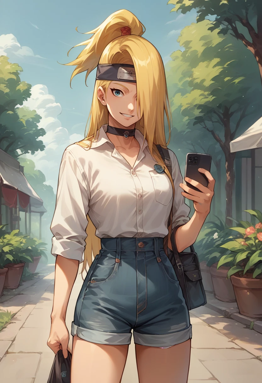 score_9, score_8_up, score_7_up, source_anime, 1girl, solo, Deidara, hair over one eye, long hair, ponytail, black headband, forehead protector, white shirt, dress shirt, black choker, holding cellphone, denim shorts, high-waist shorts, outdoors, smile, <lora:ChamDeidaraPonyXL-000008:1>