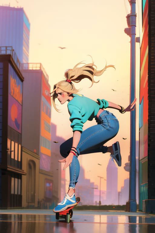 Masterpiece quality, intricate and detailed anime-style illustration with vibrant colors and dynamic composition. Capture the energy of a solo skateboarder on a vibrant city street. A young woman with long, flowing blonde hair confidently cruises on her skateboard, her outfit reflecting a cool, grunge aesthetic. She wears a red printed t-shirt with rolled-up sleeves, paired with relaxed-fit blue jeans and comfortable sneakers. A variety of jewelry   a necklace, bracelet, and ring   adds a touch of personal style. The background is a blur of city life   bustling crowds with diverse styles, vibrant street art adorning the brick walls, and double-decker buses with bright anime-style advertisements.
The focus is on the young woman's confident expression and her skillful skateboarding. The blurred background emphasizes her as the star of the scene, capturing the energy and dynamism of a solo skater navigating the city streets