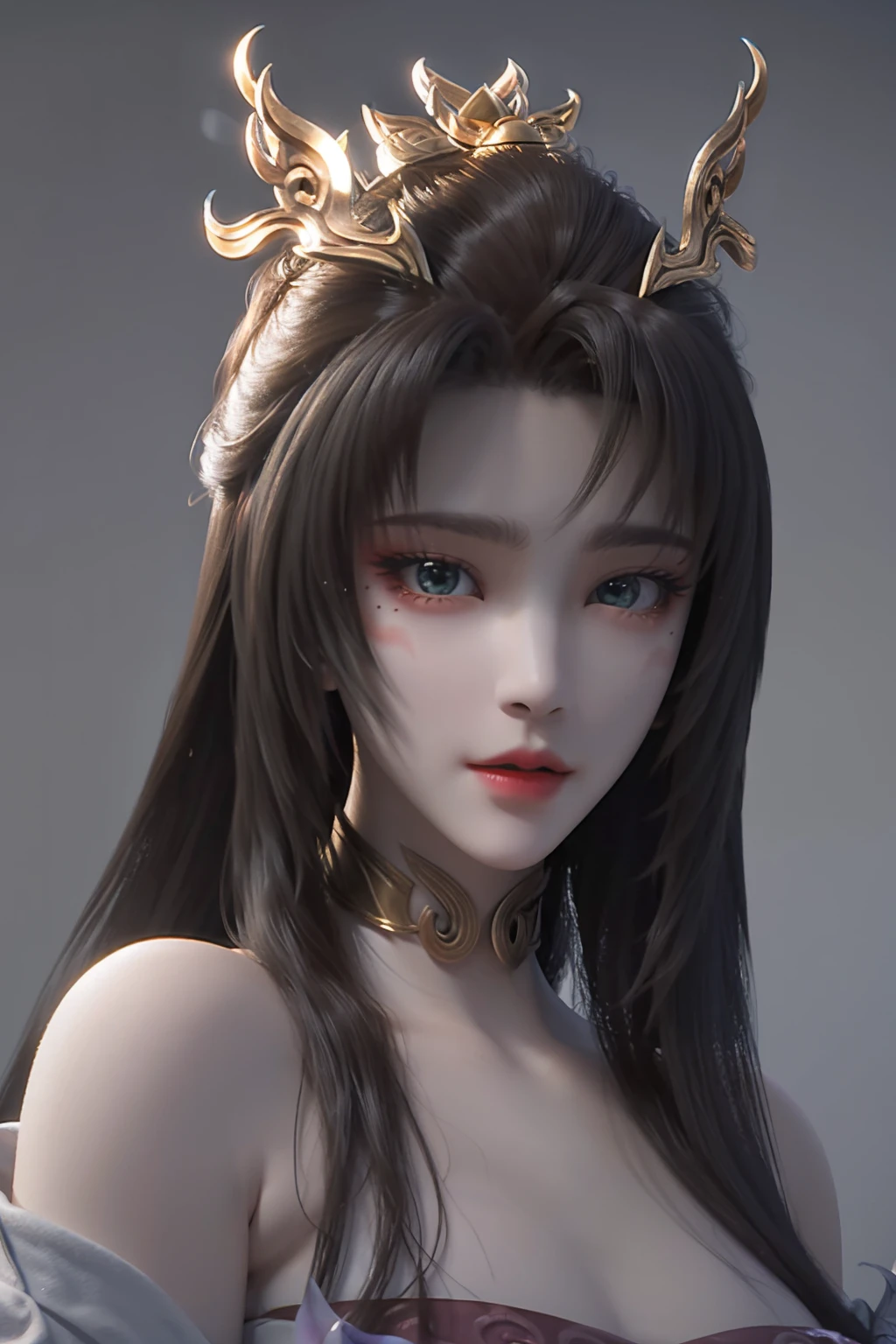 <lora:tianhuxianzi:1>,tianhuxianzi,1girl,solo,long hair,bare shoulders,blue eyes,simple background,brown hair,facepaint,facial mark,gold jewelry,hair ornament,mole under eye,black hair,upper body,parted lips,dress,looking to the side,green eyes,collar,choker,(grey background:1.2),, best quality , masterpiece, illustration, an extremely delicate and beautiful, extremely detailed ,CG,unity,8k wallpaper, Amazing, finely detail, masterpiece, best quality,official art,extremely detailed CG unity 8k wallpaper,absurdres, incredibly absurdres, huge filesize , ultra-detailed, highres, extremely detailed,beautiful detailed girl, extremely detailed eyes and face, beautiful detailed eyes,light on face,