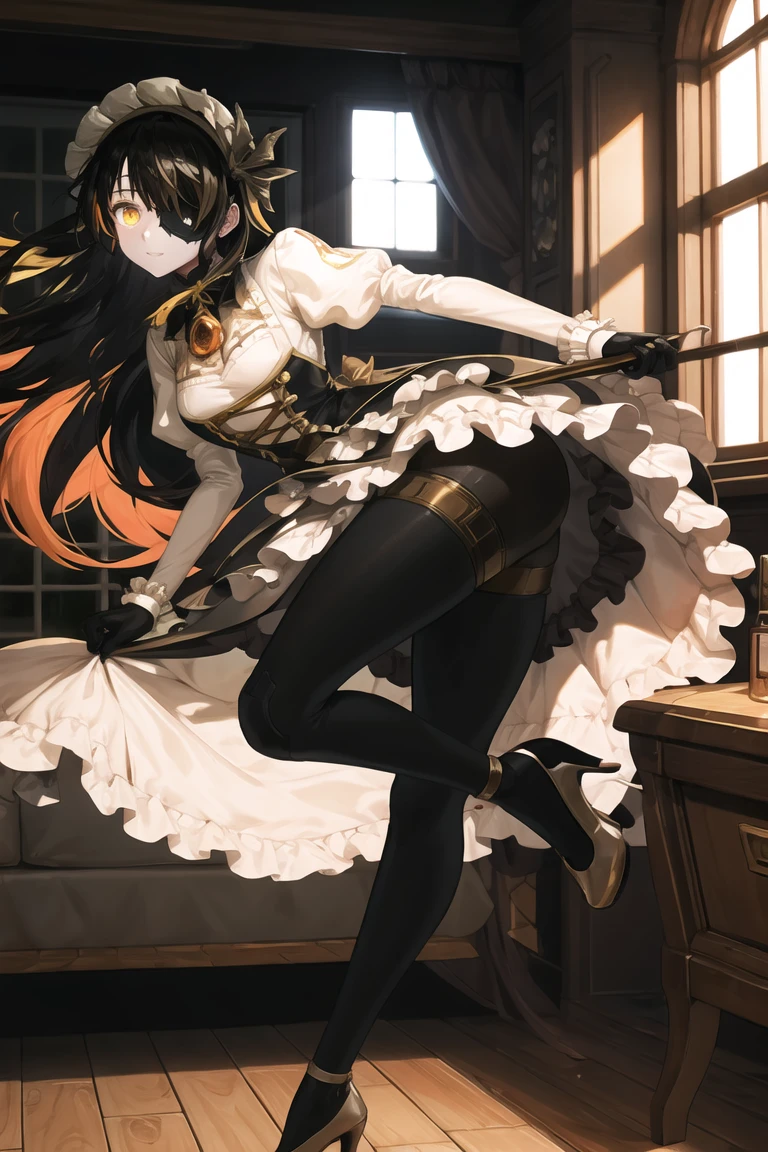 8k,wallpaper,masterpiece,BEST QUALITY,rosalind1,indoors,bedsheet,window,light through window,standing,bent over,<lora:rosalind-000016:0.7>,very long hair,joints,black hair,multicolored hair,yellow eyes,eye patch,one eye covered,dress,two-tone hair,colored inner hair,frills,looking at viewer,puffy sleeves,highheels,frilled dress,orange hair,gloves,glowing,pantyhose,mechanical legs,petticoat,