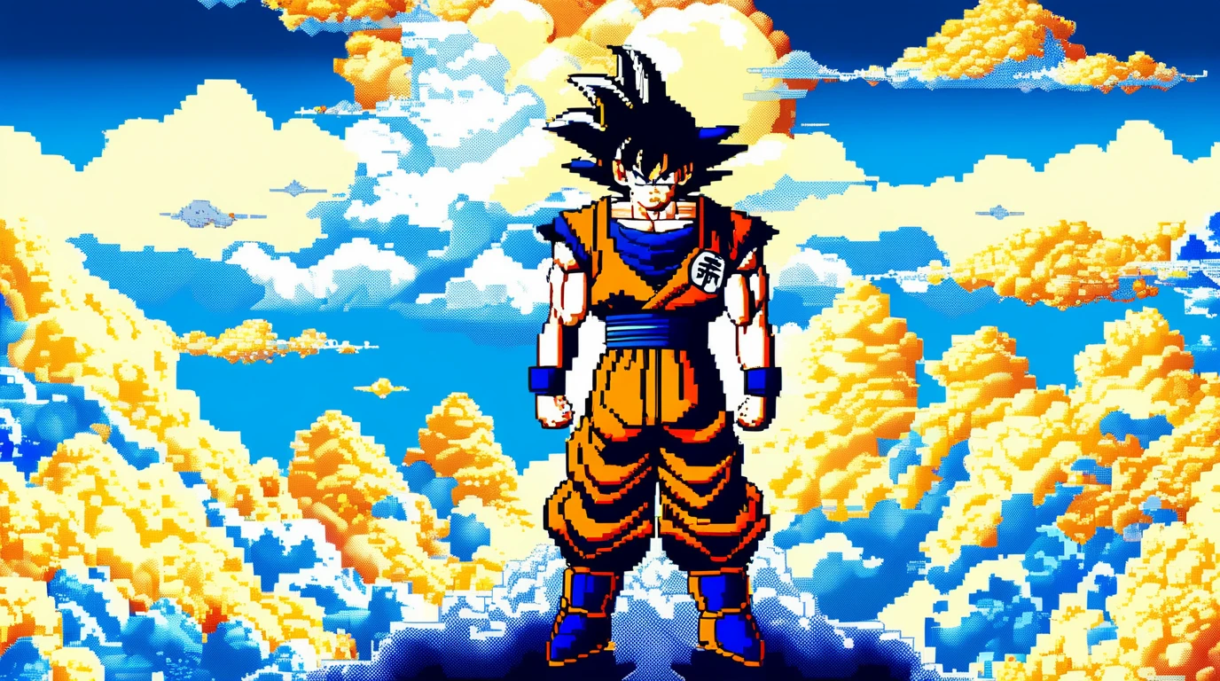 songoku on the cloud, comic, masterpiece, Pixel Art, highly detailed <lora:pixel_art_lora:1>