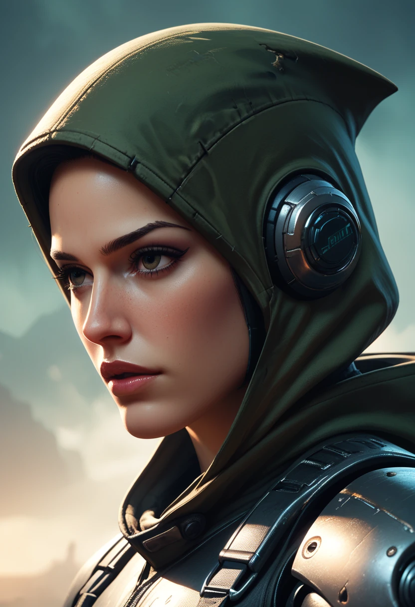 score_9, score_8_up, score_7_up, bounty hunter, android, dystopian future, close-up, mechanical arms, natural humanoid eyes, sleek black cybernetic hooded jumpsuit, commanding and threatening expression, illegal night market, dimly lit, rim lighting,,