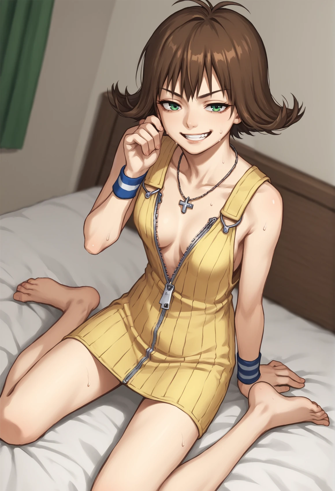 1girl, solo, short hair, brown hair, green eyes, necklace, yellow dress, zipper, unzipped, navel, wristband, jewelry, smug, mesugaki, seductive smile, teeth, kneeling, barefoot, bed, bendroom, open clothes, sweat, titl head, dutch angle <lora:Selphie:0.8>, score_9, score_8_up, score_7_up, score_6_up, score_5_up, score_4_up, BREAK source_anime, masterpiece