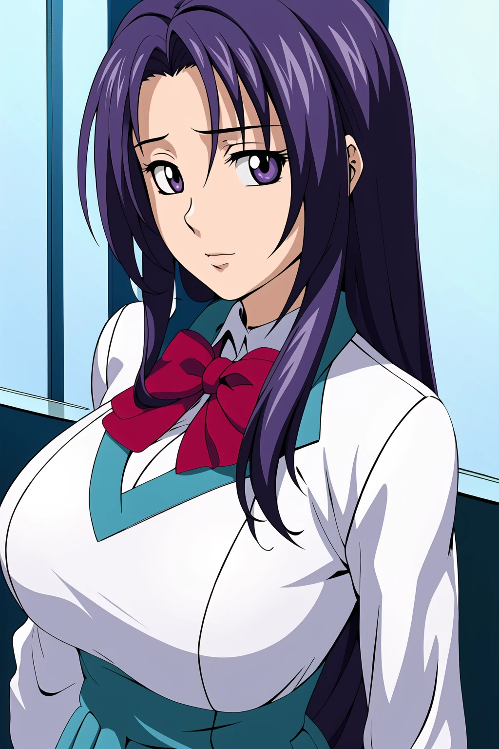 Simple aqua Background,
dynamic pose,standing at attention,
(red_bowtie:1.4),white jacket,long sleeves, puffy sleeves, white shirt , aqua skirt,
<lora:Ren_Mikihara_FMP-KK77-V1:0.7>,school uniform,
purple eyes, purple hair,bangs,Long hair,
<lora:Oda_Non_Style-KK77-V2:0.3>,<lora:more_details:0.1>,
1 girl, 20yo,Young female,Beautiful long legs,Beautiful body,
Beautiful Nose,Beautiful character design, perfect eyes, perfect face,expressive eyes,perfect balance,
looking at viewer,(Focus on her face),closed mouth, (innocent_big_eyes:1.0),(Light_Smile:0.3),
official art,extremely detailed CG unity 8k wallpaper, perfect lighting,Colorful, Bright_Front_face_Lighting,White skin,
(masterpiece:1.0),(best_quality:1.0), ultra high res,4K,ultra-detailed,
photography, 8K, HDR, highres, absurdres:1.2, Kodak portra 400, film grain, blurry background, bokeh:1.2, lens flare, (vibrant_color:1.2),professional photograph,
(Beautiful,large_Breasts:1.4), (beautiful_face:1.5),(narrow_waist),