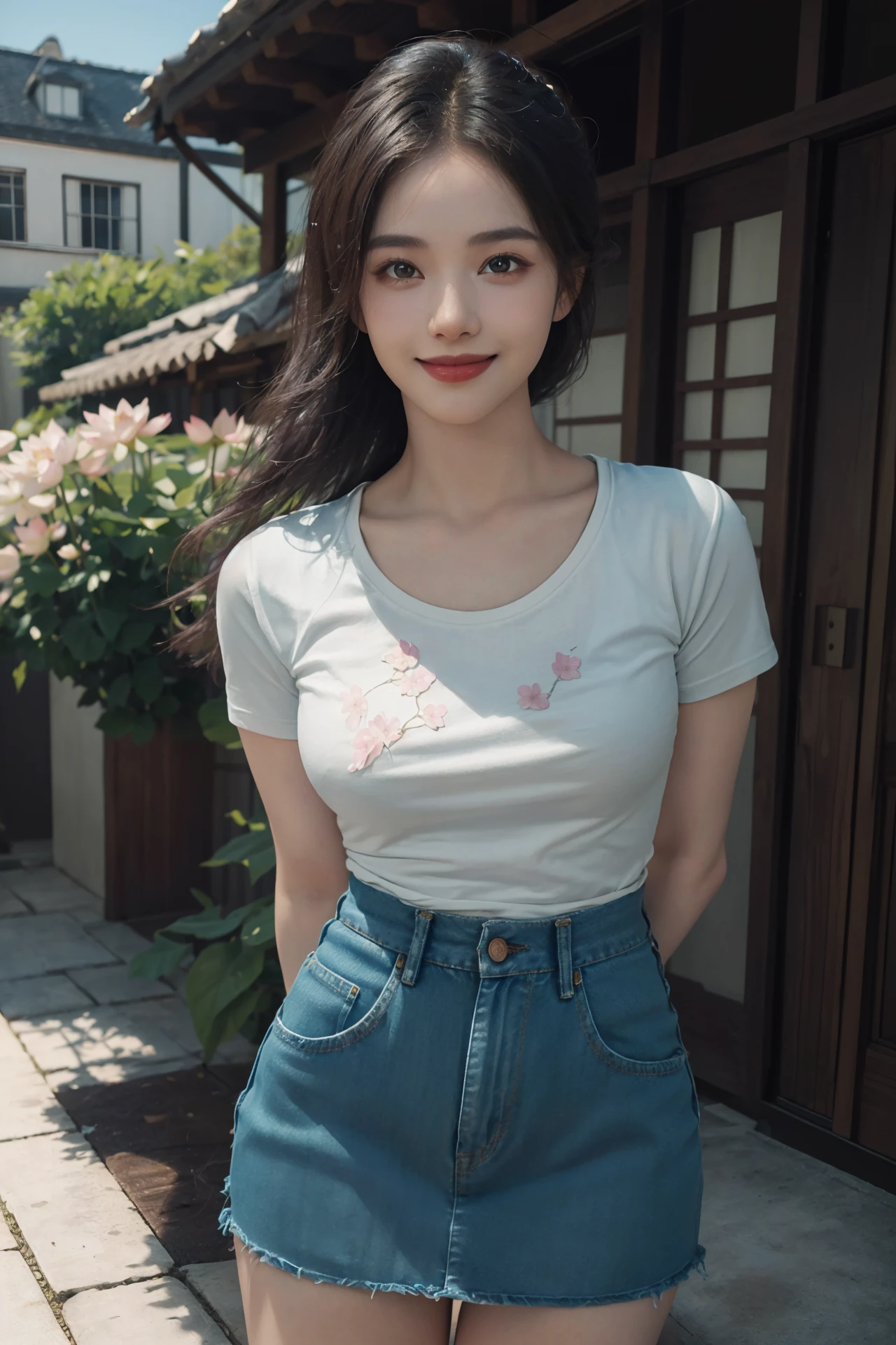 (4k, best quality, highres, absurdres, masterpiece:1.21), (realistic:1.331), detailed and intricate,
cinema light, (authentic skin texture:1.3),
1girl, perfect body, medium breasts, shiny skin,
light smile, arms behind back,
t-shirt, denim skirt, tight clothes, tight-fitting,
courtyard, flower, petals, lotus, wooden house, stone,
<lora:add_detail:0.3>, <lora:girlslike_zjy:0.7>
