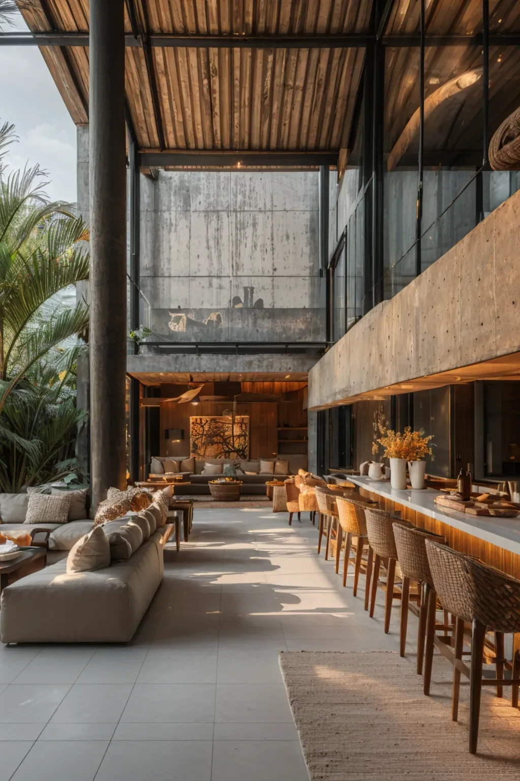 photo, interior, dining room, tropical brutalism, dining table, potted plan, open plan, aggregate concrete, wooden furniture, natural light, warm light, window, chair, table, atrium, wide angle, <lora:AIDVN_tropical_brutalism_interior:0.8>