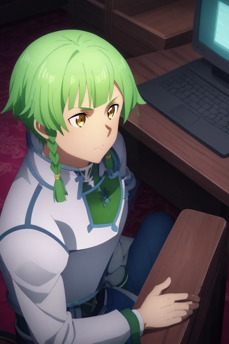 score_9, score_8_up, score_7_up, source_anime, rating_safe, , anime screencap, , , , , 1boy, solo, male focus, <lora:renly_sao_pony:0.98>, renly_sao, green hair, yellow eyes, short hair, braid, bangs, twin braids, sidelocks, from above, bedroom, computer monitor, midnight, (pose), :\3, pirate costume, <lora:sdxl_lightning_8step_lora:1>