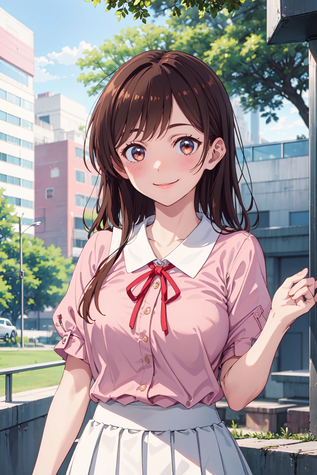 chizurumizuhara, 4k, absurd, high resolution, very high resolution, high definition, masterpiece, upper body, white skirt, red ribbon, pink shirt, pleated skirt, neckband, short puff sleeves, outdoor, smile, staircase, tree, building<lora:EMS-364919-EMS:0.700000>