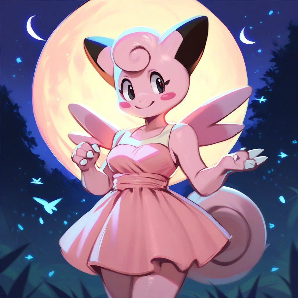 score_9,score_8_up,score_7_up,score_6_up,score_5_up,score_4_up, Pokemon (creature), pink hair, pink skin, curly hair, short hair, black eyes, 1girl, solo, anthro, night, outdoors, moon, Clefairy, smile, sleeveless, pink dress