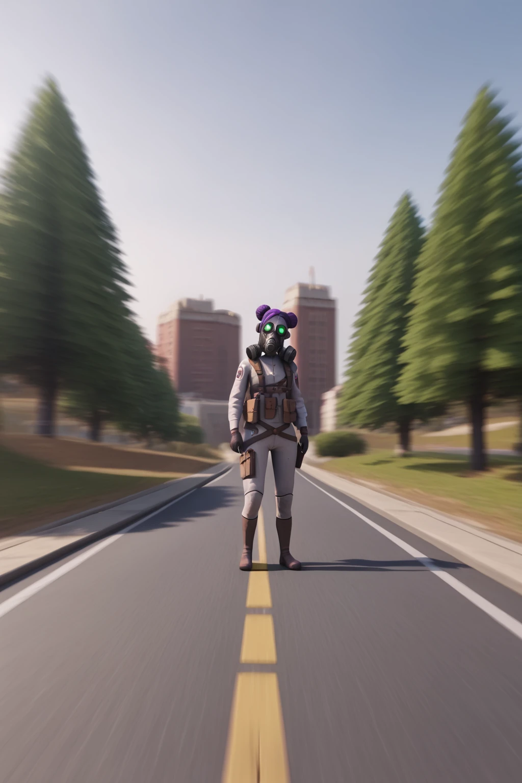 PonyXLV6_Scores , 1girl, 3d, building, depth of field, double bun, gas mask, gun, hair bun, motion blur, outdoors, photo background, pouch, realistic, road, solo, tree, weapon, science fiction, purple theme, ultrasharp, <lora:ApexLegendsPDXL:1>