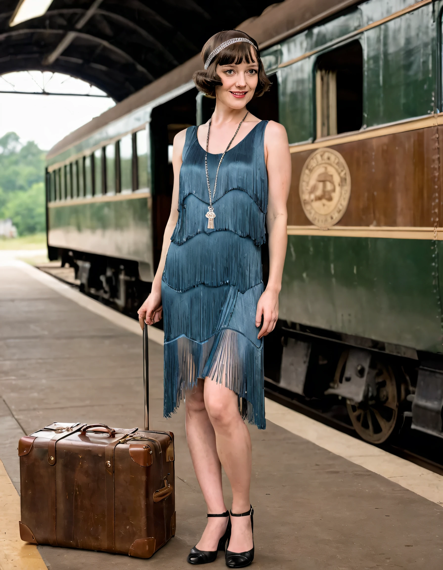Julia, a beautiful woman clad in her solo adventure wearing a captivating 1920s-style flapper dress with a dropped waist and flowing fringe, sporting a bobbed hair style that's effortlessly asymmetrical, gazes longingly from atop a weathered trunk in a vintage train station as she holds a luggage tag in one hand while her other trails delicately through the folds of her dress, evoking a poignant sense of wanderlust and nostalgia for another era. <lora:txsooz18f49473caeo19a:1>