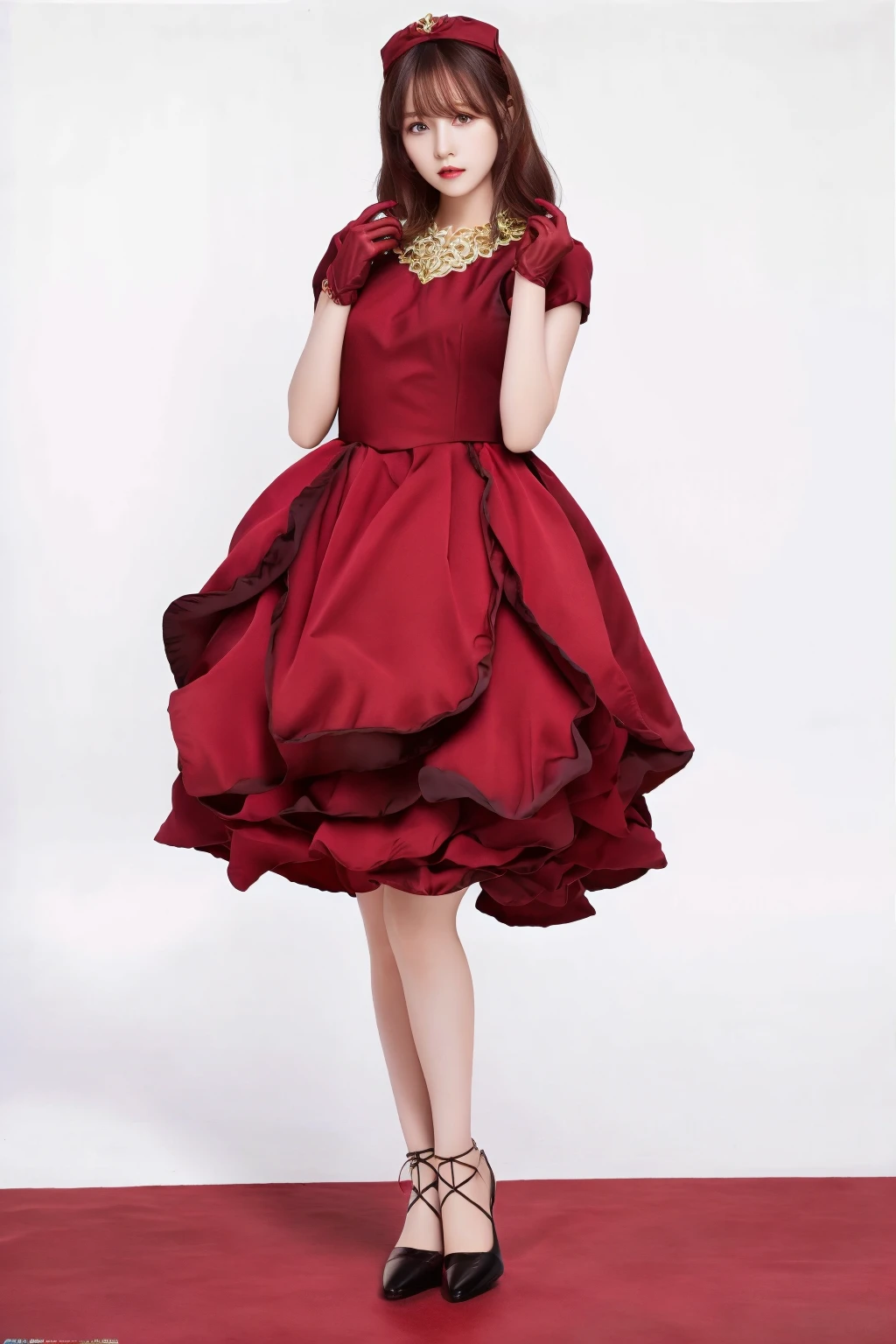 ((best quality)), absurdres, ((ultra high res)), perfect face, beautiful face, red dress, red gloves, black shoes, standing, detailed eyes, perfect female body, perfect skin, soft skin, <lora:sayonaraa:0.7>