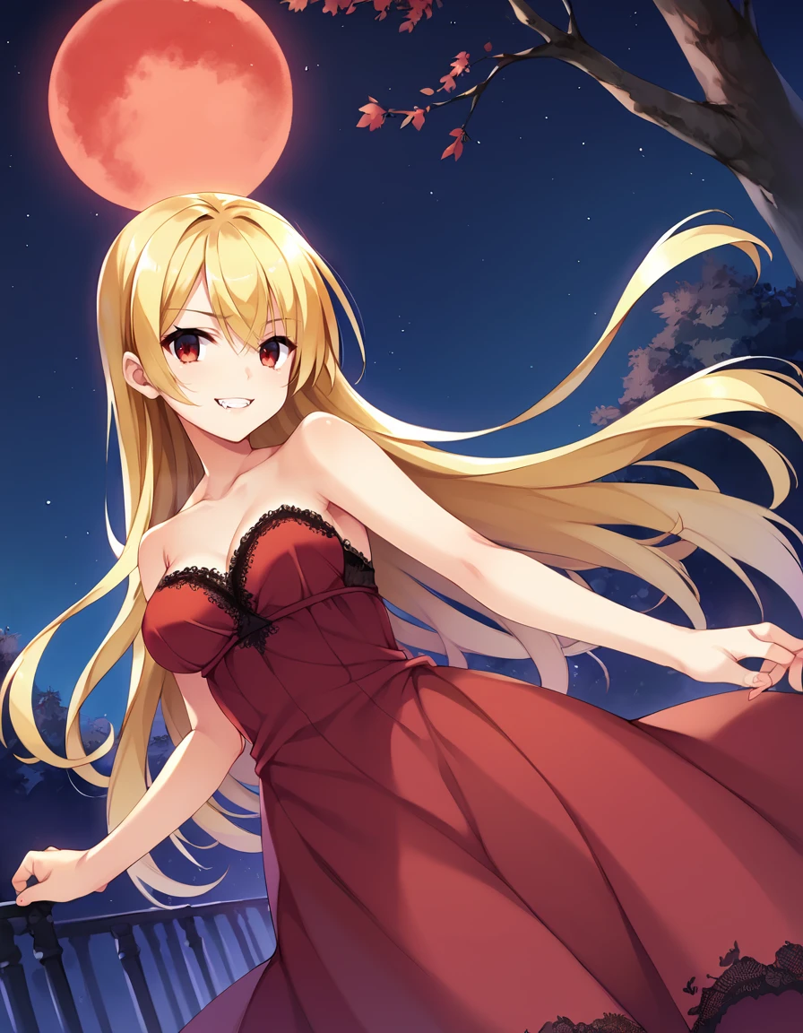 score_9, score_8_up, score_7_up, source_anime,
 <lora:MuriKobu_pony_v1:1> mrkb,
1girl, solo, vampire, grin, looking at viewer, 
long hair, blonde hair, red eyes, medium breasts, fang,
gothic theme, red dress, luxury, formal, lace trim, 
outdoors, night, red moon, starry sky, tree, shadow,