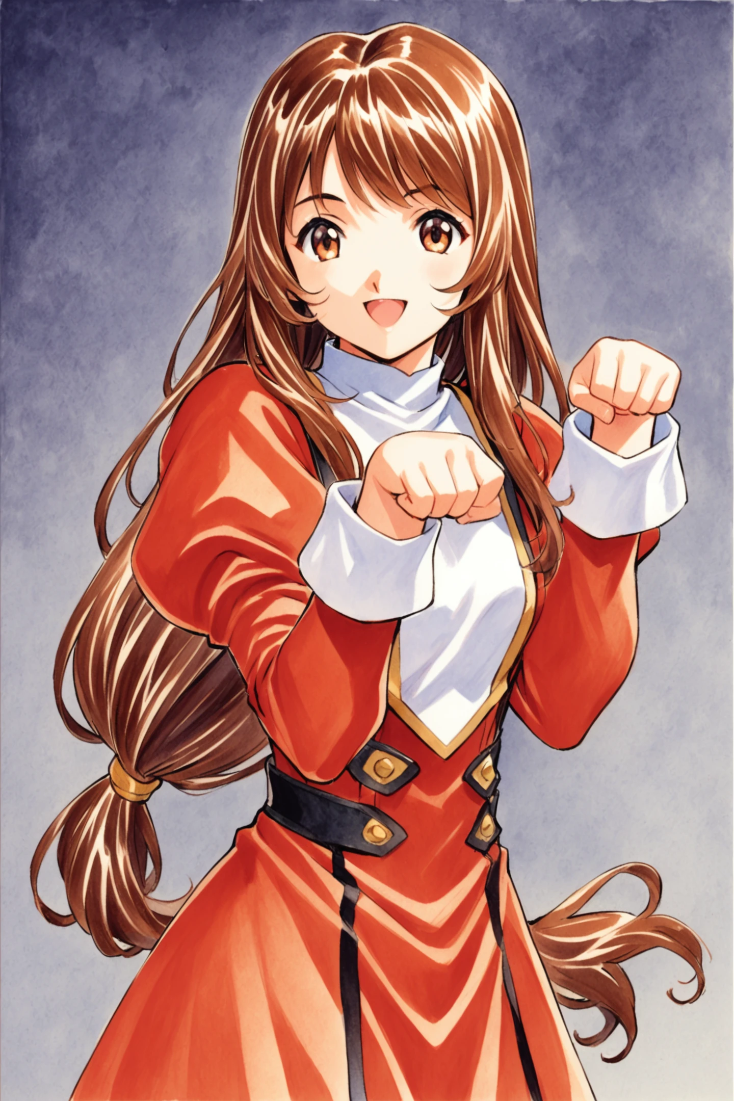 1girl,solo,Erica Fontaine,cowboy shot,smile,open mouth,looking at viewer,upper body,paw pose,brown hair,brown eyes,long hair,bangs,low tied hair,sidelocks,red dress,puffy sleeves,long sleeves,brown boots,long dress,traditional media,low-tied long hair,dress,<lora:Sakura Wars_XL:0.8>,