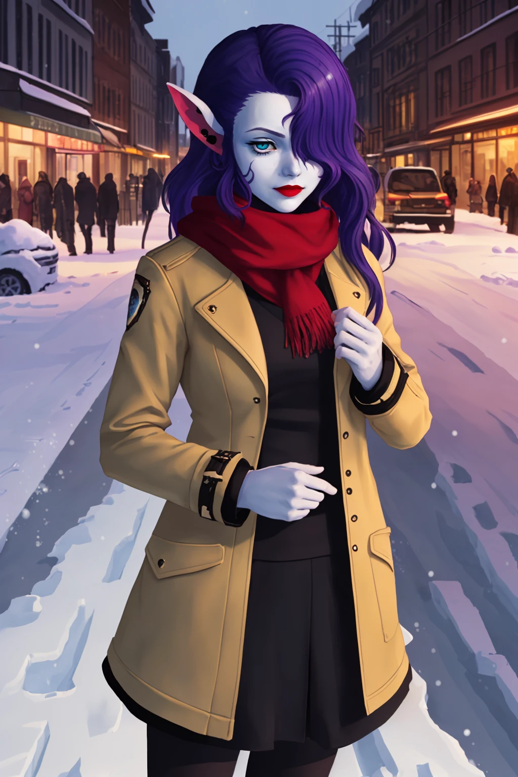 best quality, 1girl, solo, looking at viewer, <lora:NekomataClassicSMT:0.85> nkmtaSMT, long hair, hair over one eye, slit pupils, pointy ears, colored skin, blue skin, lipstick, jacket, scarf, outdoors, winter, snow, city