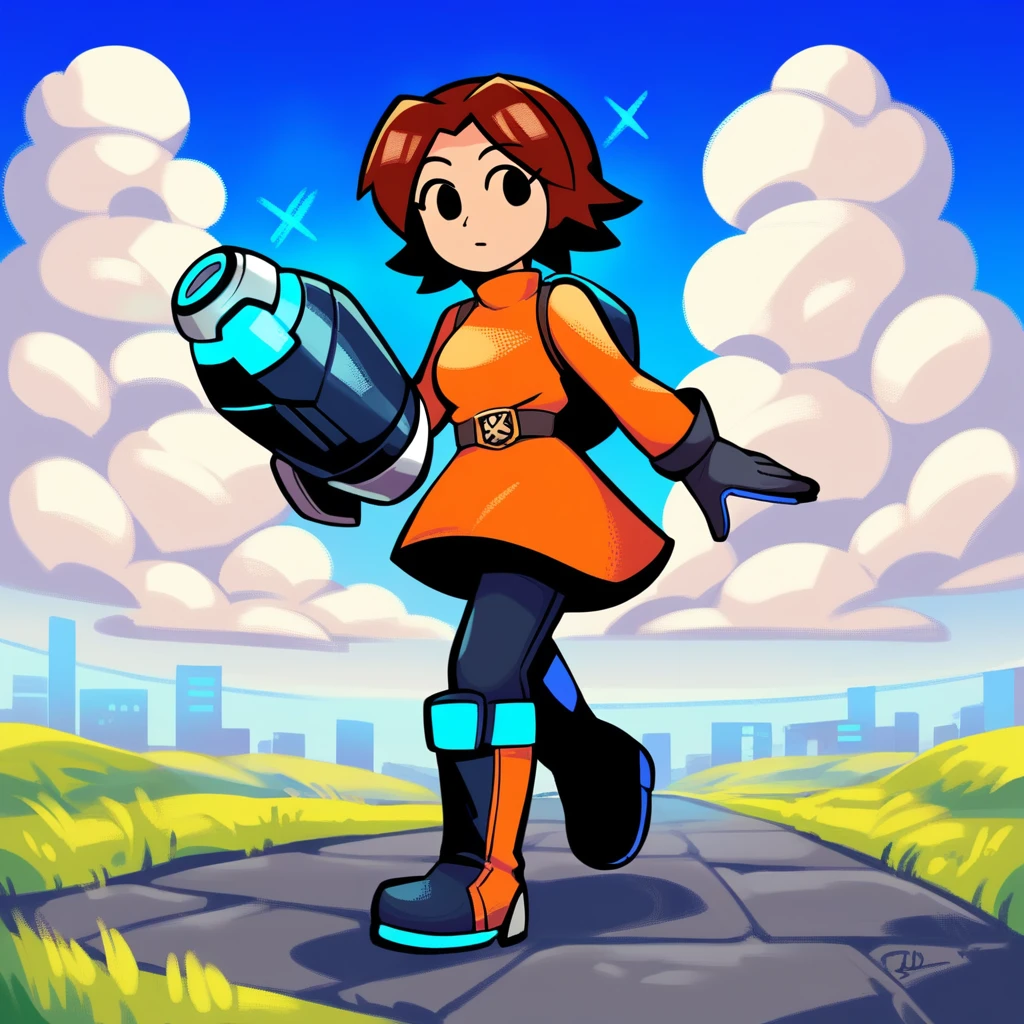 score_9, score_8_up, score_7_up, score_6_up, best quality, masterpiece, source_anime, detailed background, blue background, clouds, BREAK 1girl, mii_gunner_(\smash_bros_4\), large head, amber hair, female, black eyes, dot eyes, orange dress, long sleeves, black pants, boots, belt, gloves, arm cannon, walking, <lora:PDXL_MiiGunner_S4:1>