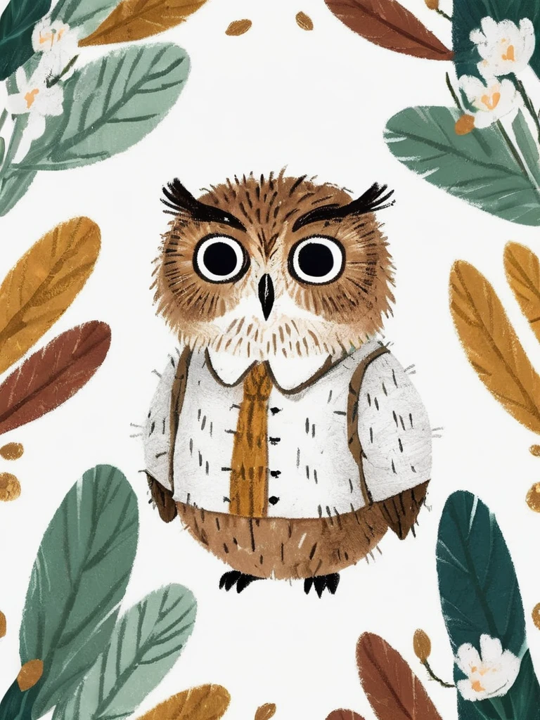 best quality,masterpiece,*****paint,children's illustration,solo,lovely,a lovely owl,white_background,clothes,beautiful_detailed_eyes,eye highlights,,<lora:chil_xl_2v1>