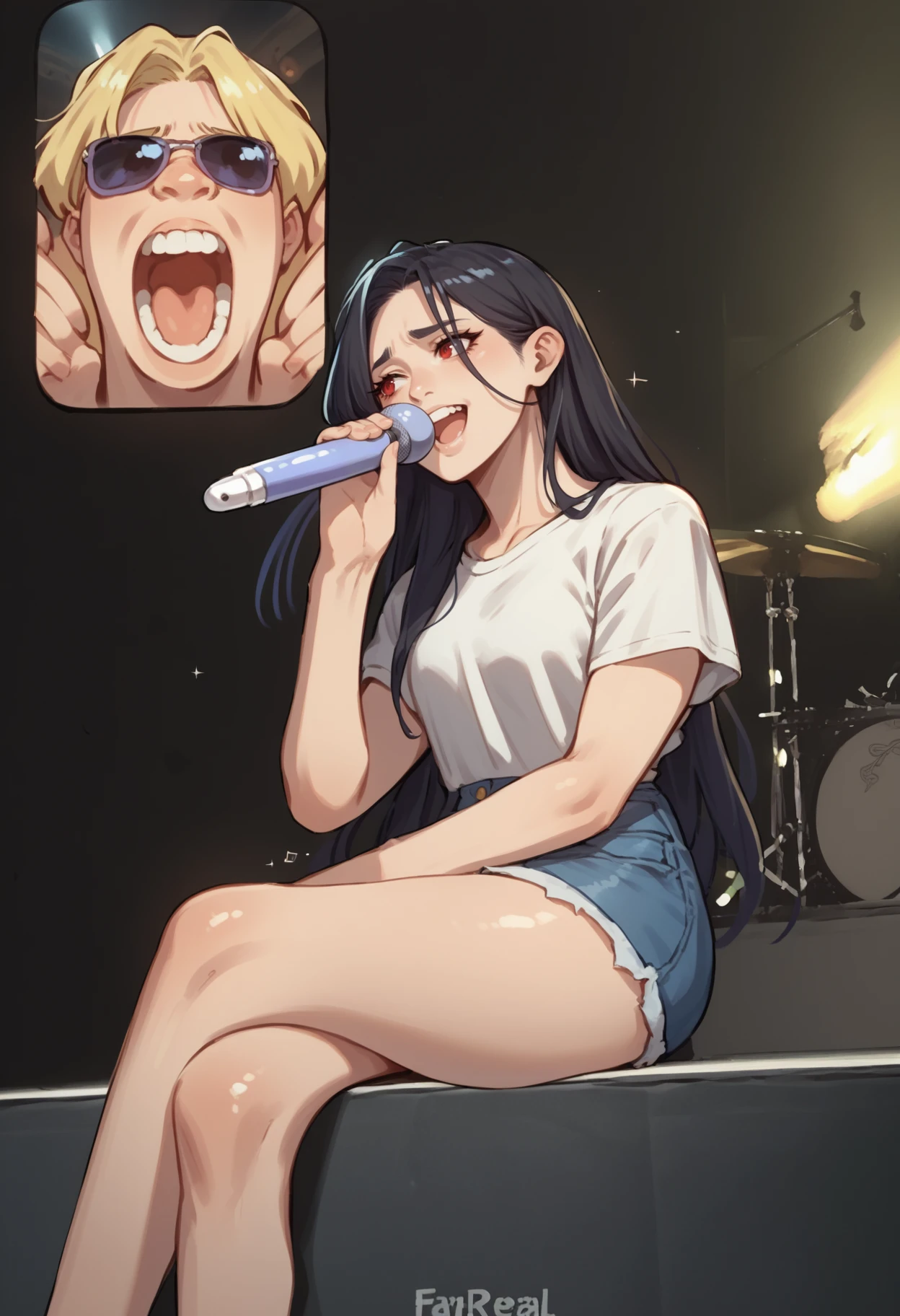 score_9, score_8_up, score_7_up, source_anime, FanScreamingMeme, open mouth, sitting, music, crossed legs, holding microphone, singing, <lora:FanScreamingAtMadisonBeer_XLPD:0.5>, screen, phone,
BREAK 1girl, blonde hair, sunglasses, black choker, long hair, 
BREAK 1girl, black hair, red eyes, long hair, shirt, shorts, thick thighs,