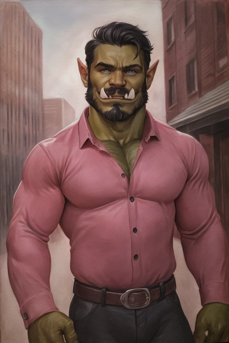 masterpiece, best quality, hi res, newest, traditional media, realistic, orc, green skin, tusks, facial hair, beard, mustache, black hair, blue eyes, pink shirt, collared shirt, long sleeves, black pants, muscular, 1boy, solo, male focus, smile, looking at viewer, cowboy shot, standing, outdoors, city, building <lora:OIS Red Lion Style LoRA_SeaArt Furry XL 1.0:0.7>