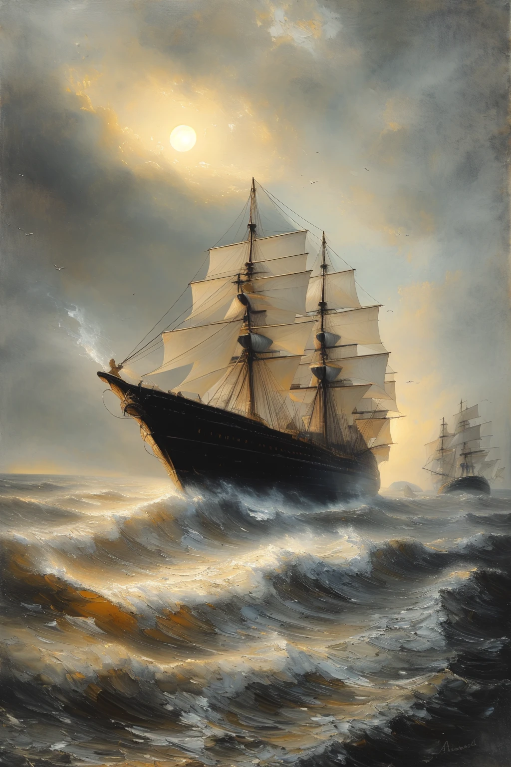 masterpiece,best quality,<lora:tbh102-:1>,oil painting,illustration,ship,ocean,style of Andreas Achenbach,