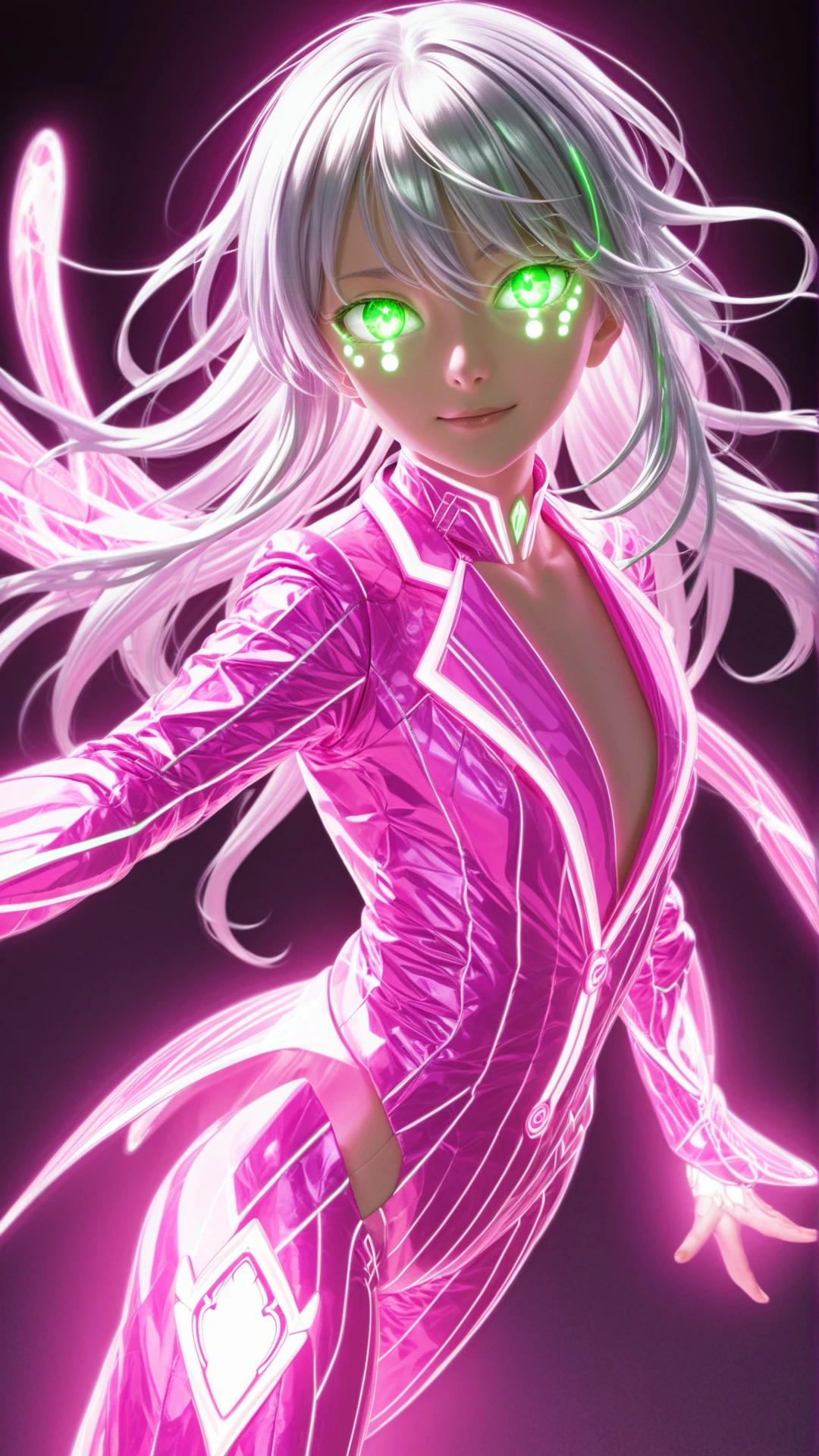 Green-eyed silver-haired girl wearing a glowing pink suit, glowing iris