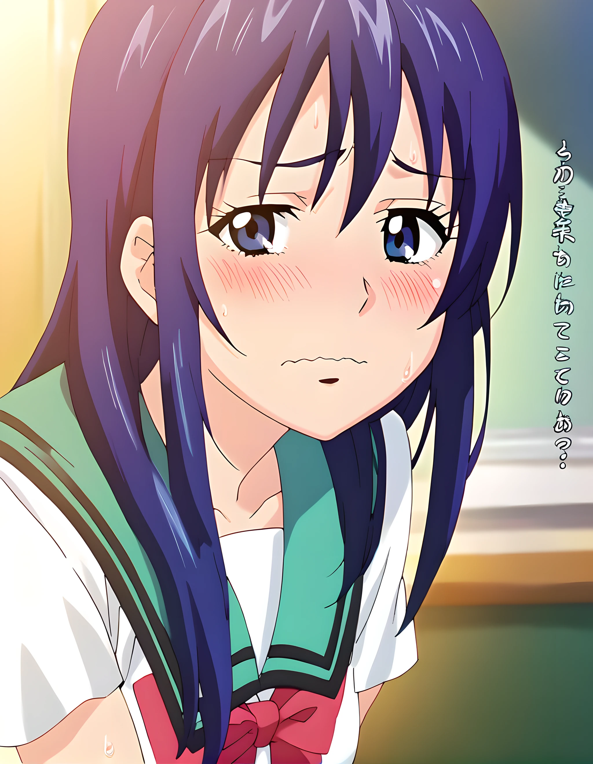<lora:pony_xl_teruhashi:0.8>,teruhashi,score_9,score_8_up,score_7_up,source_anime,1girl,solo,classroom,(face close-up:1.2),looking_at_viewer,front view,(embarrass:1.2),(blush:1.2),wavy mouth,sweat,school_uniform,leaning_forward,arms_behind_back,