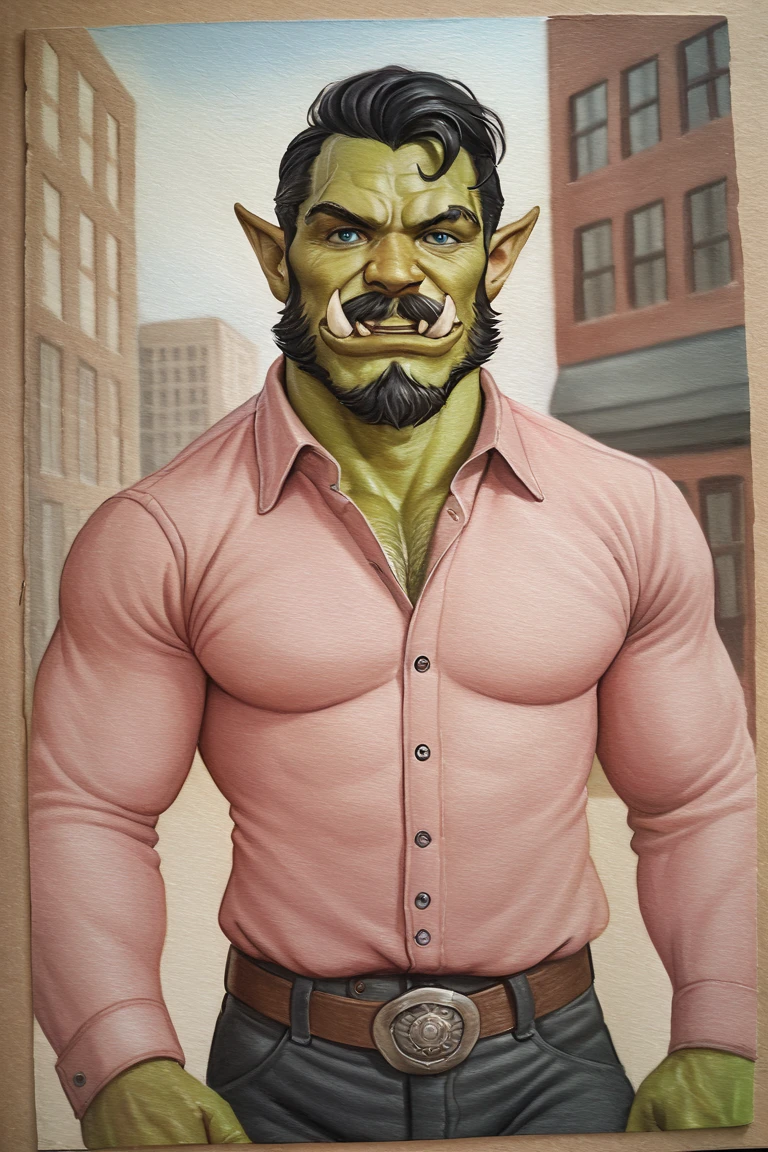 masterpiece, best quality, hi res, newest, traditional media, realistic, orc, green skin, tusks, facial hair, beard, mustache, black hair, blue eyes, pink shirt, collared shirt, long sleeves, black pants, muscular, 1boy, solo, male focus, smile, looking at viewer, cowboy shot, standing, outdoors, city, building <lora:OIS Gold Fish Style LoRA_SeaArt Furry XL 1.0:0.7>