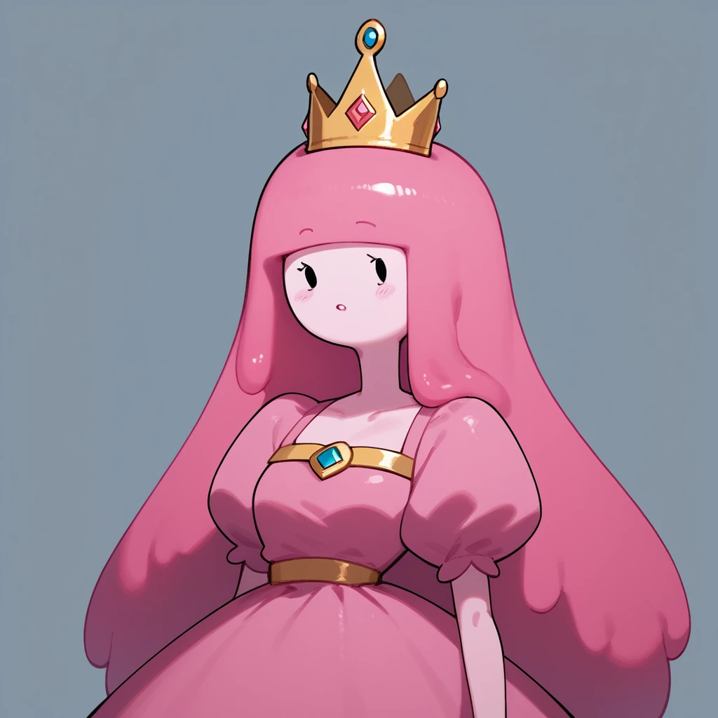 score_9, score_8_up, score_7_up,source_cartoon,princess bubblegum from adventure time,pink skin,(flat cartoon), 1girl,[masterpiece], dot eyes,pink dress ,crown